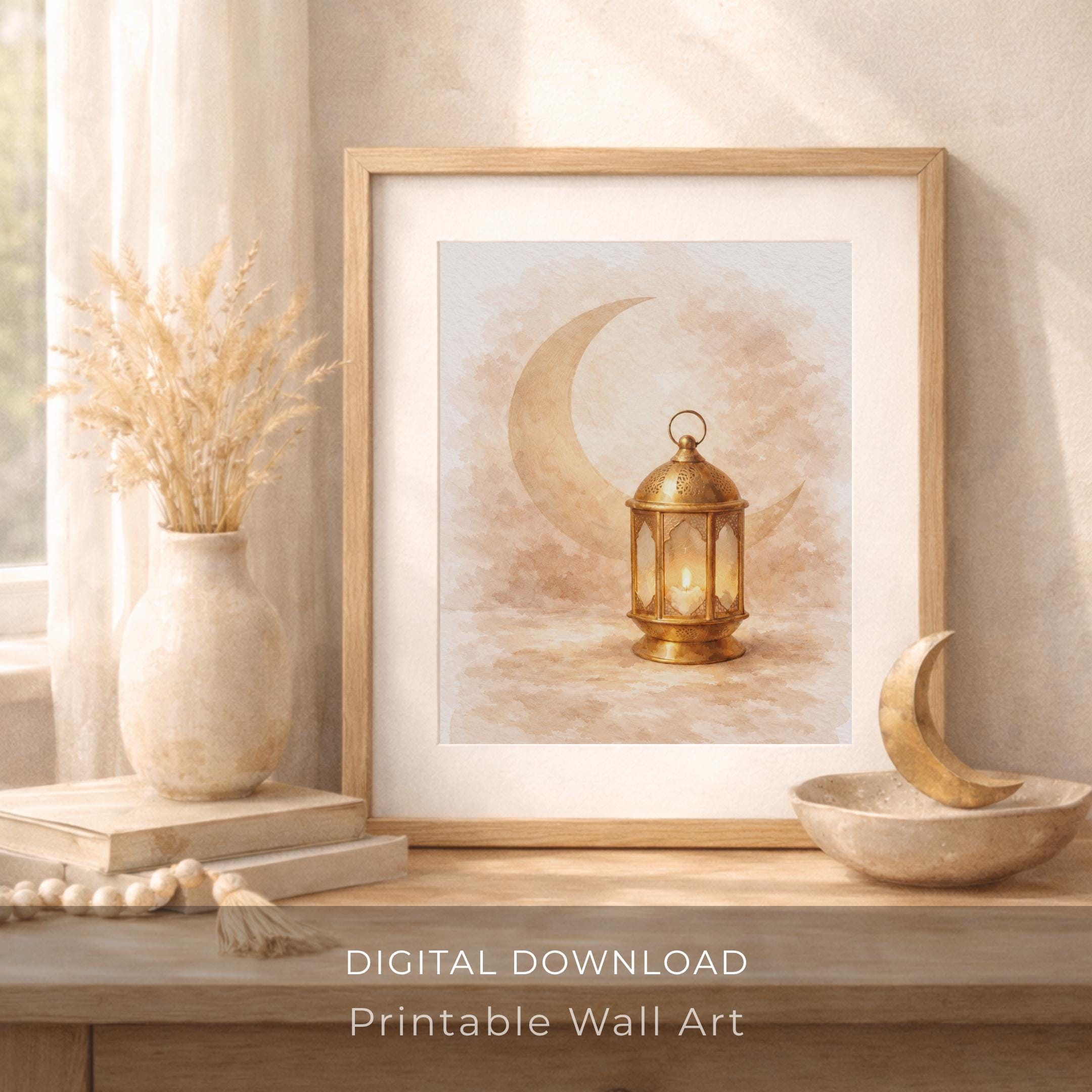 Glowing Lantern beneath a Crescent