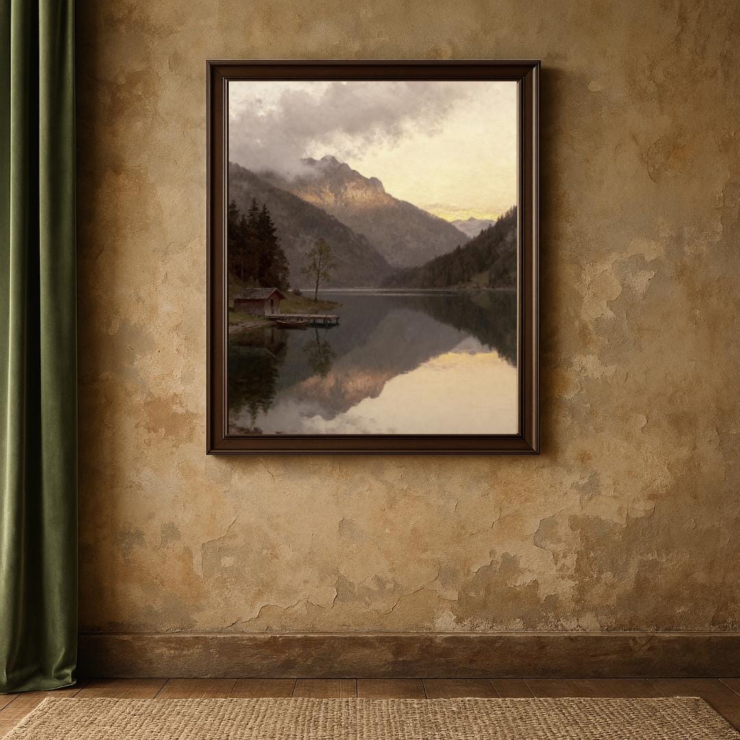 Mountain Cabin Lake Wall Art Print | Muted Landscape Printable | Rustic Nature Decor, Digital Download — image 7