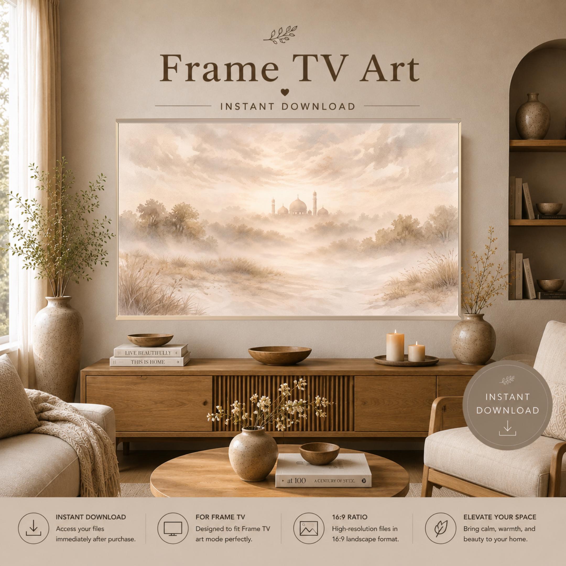 Islamic Frame TV Art | Neutral Desert Mosque Landscape | Digital Download — image 2
