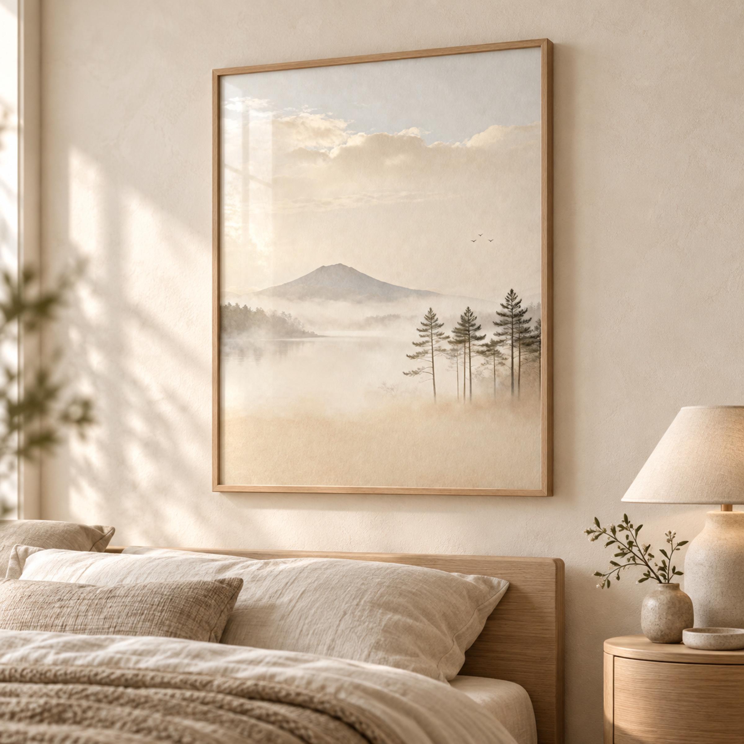 Neutral Mountain Lake Printable Wall Art, Misty Pine Forest, Japandi Decor Digital Download — image 3