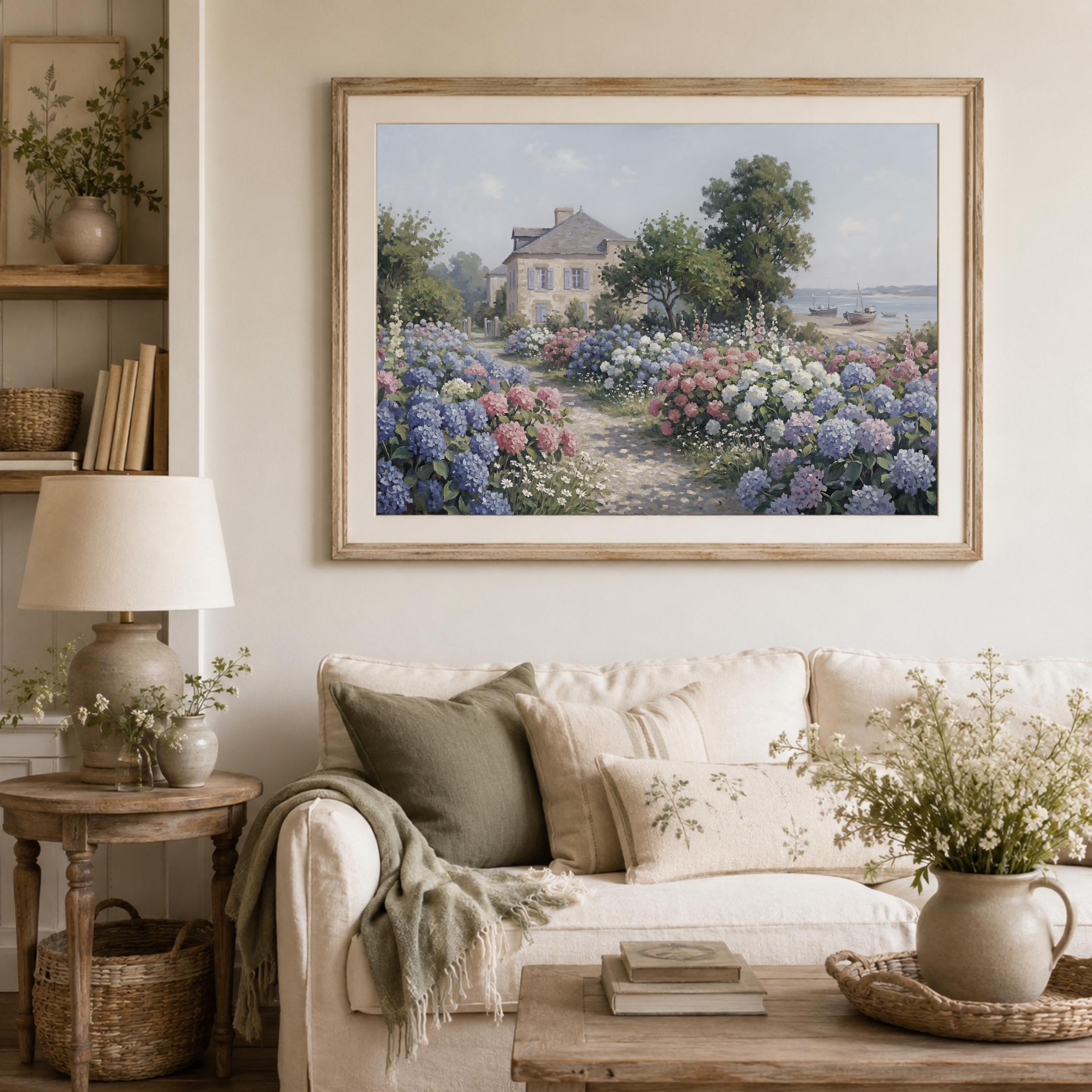 Coastal Hydrangea Garden Print, Seaside Cottage Floral Landscape, Summer Decor (Digital Download) — image 9