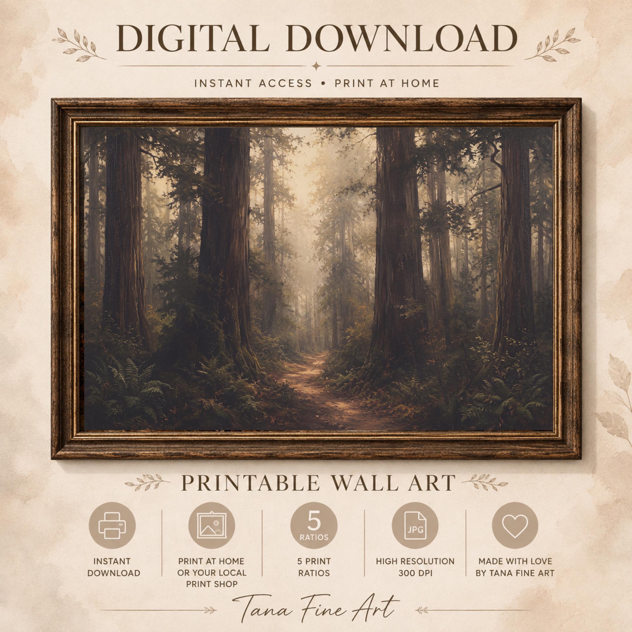 Forest Path Wall Art | Moody Woodland Landscape Print | Vintage Nature Printable Digital Download