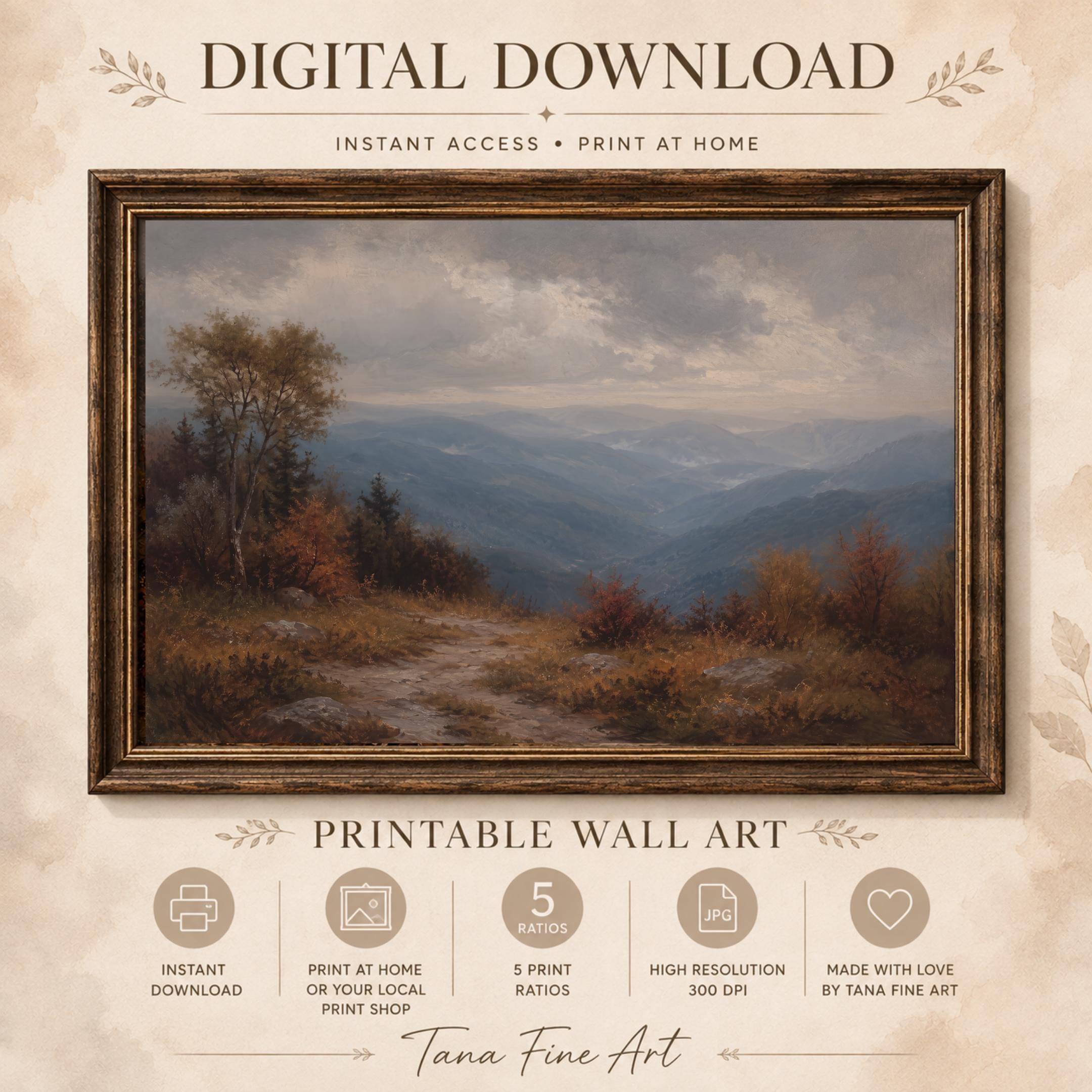 Fall Mountain Wall Art | Blue Ridge Inspired Landscape Print | Moody Vintage Nature Digital Download