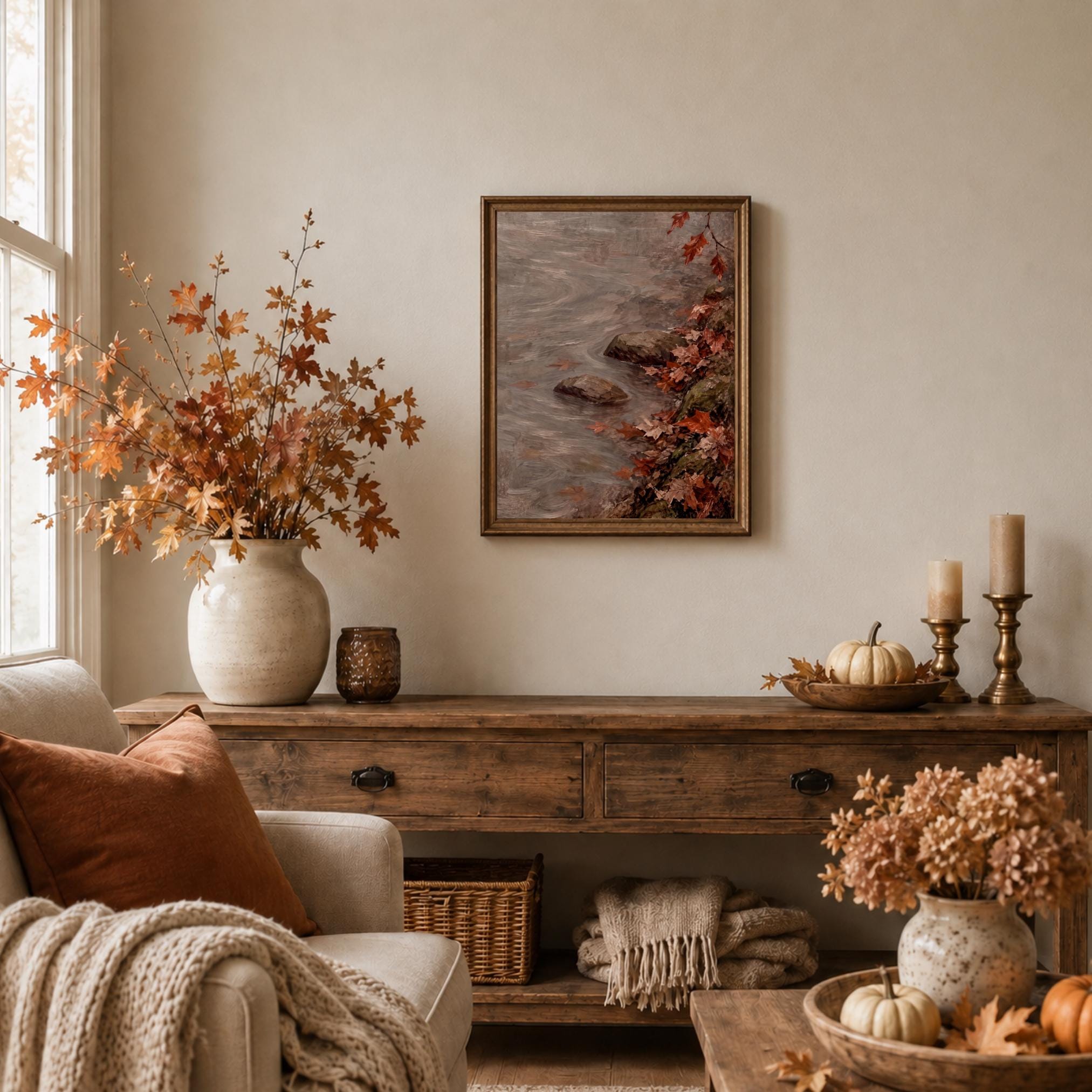 Vintage Autumn Stream Printable Wall Art, Fall Leaves Print, Cottagecore Decor Digital Download — image 6