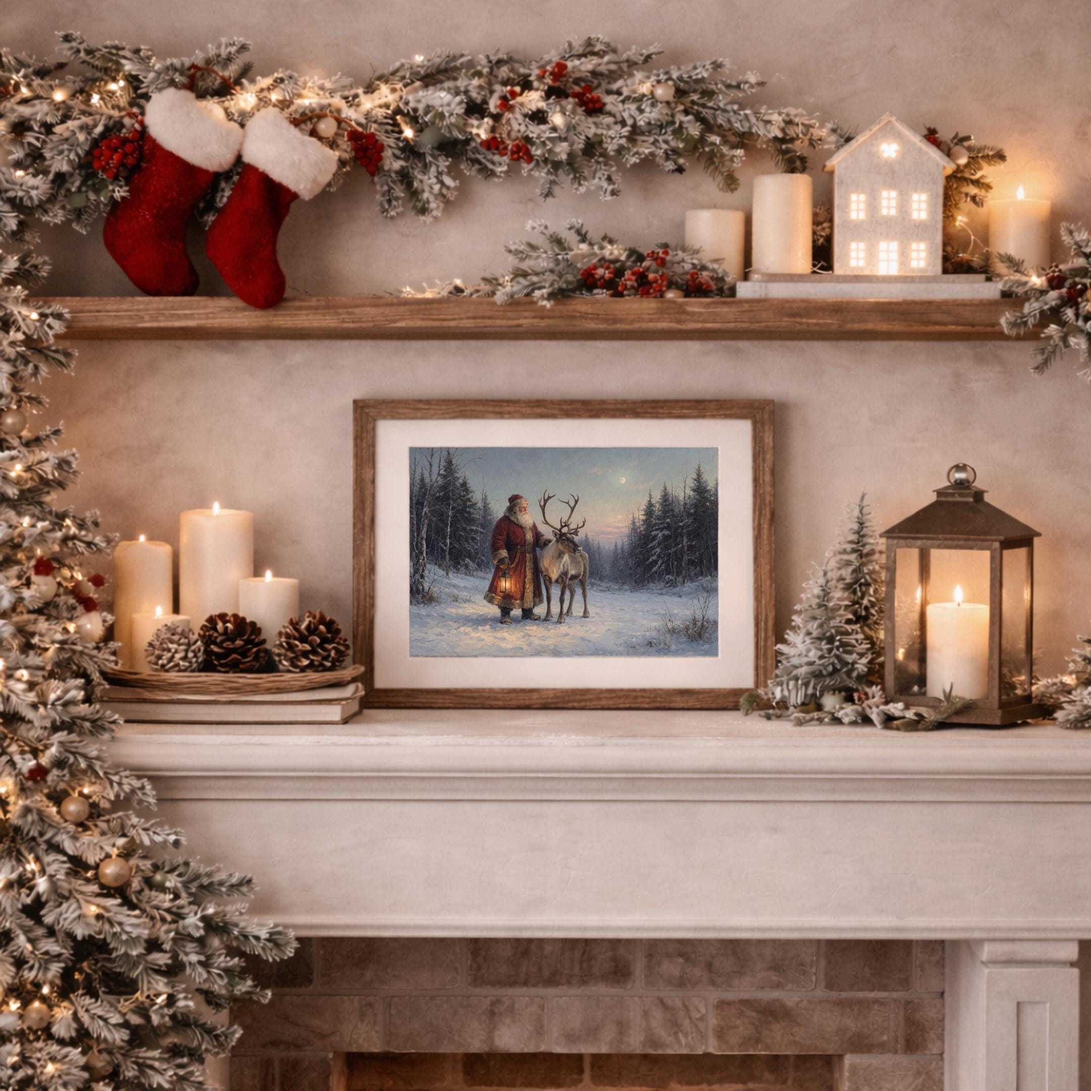 Vintage Santa Wall Art | Santa and Reindeer Christmas Print | Winter Landscape Printable Digital Download — image 6