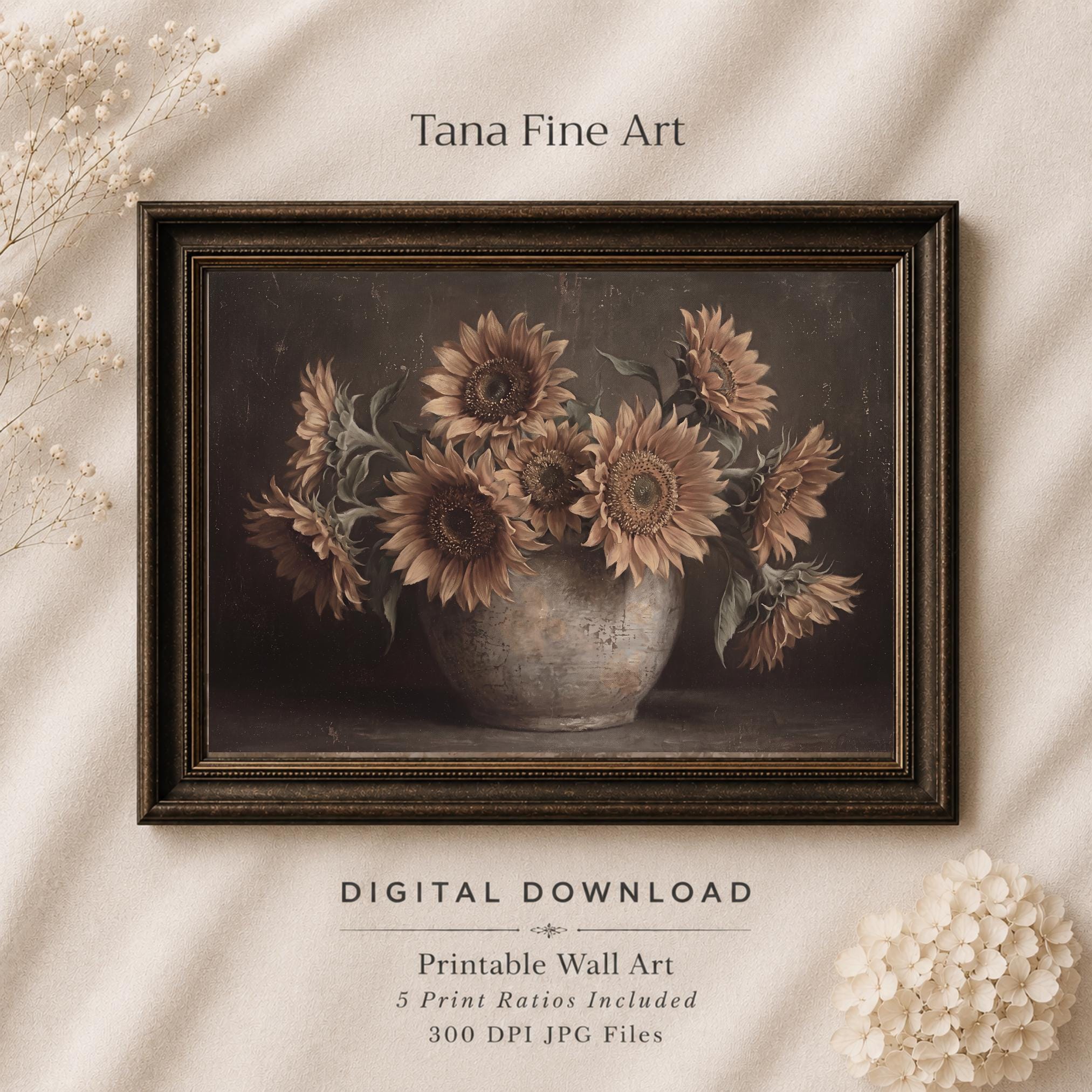 Moody Sunflower Vase Printable Wall Art, Dark Rustic Floral Farmhouse Kitchen Decor Digital Download