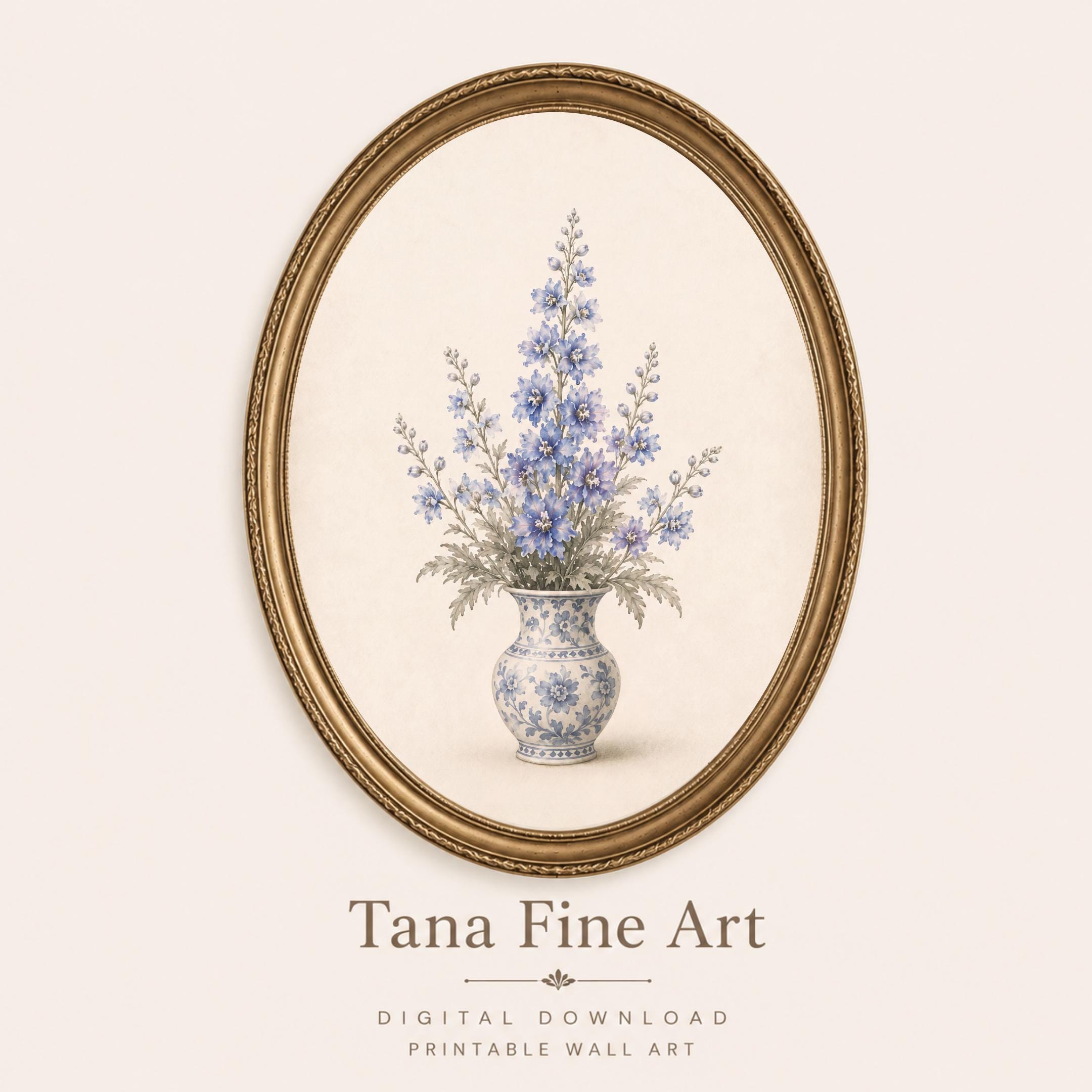 July Birth Flower Bouquet Art Print | Larkspur Printable Art | Blue Floral Vase Digital Download