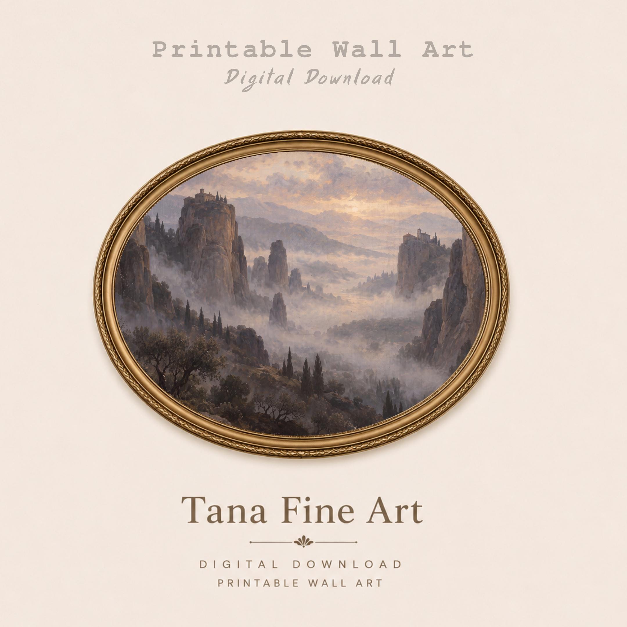 Vintage Misty Mountain Wall Art, Cliffside Monastery Landscape, Ethereal Valley, Rustic Mediterranean Digital Download — image 8