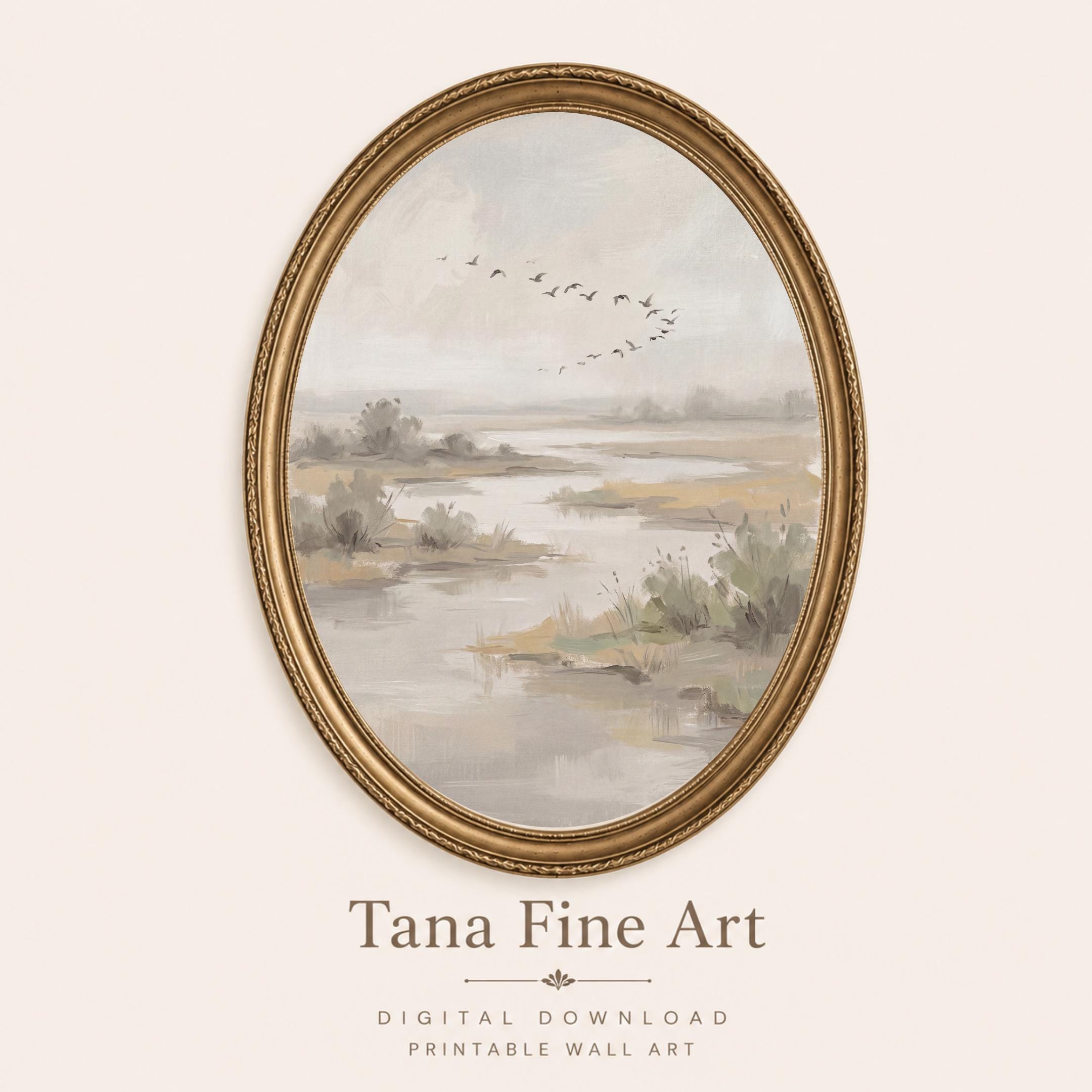 Countryside Lake Painting Printable | Flying Birds Marsh Landscape Print (Digital Download)