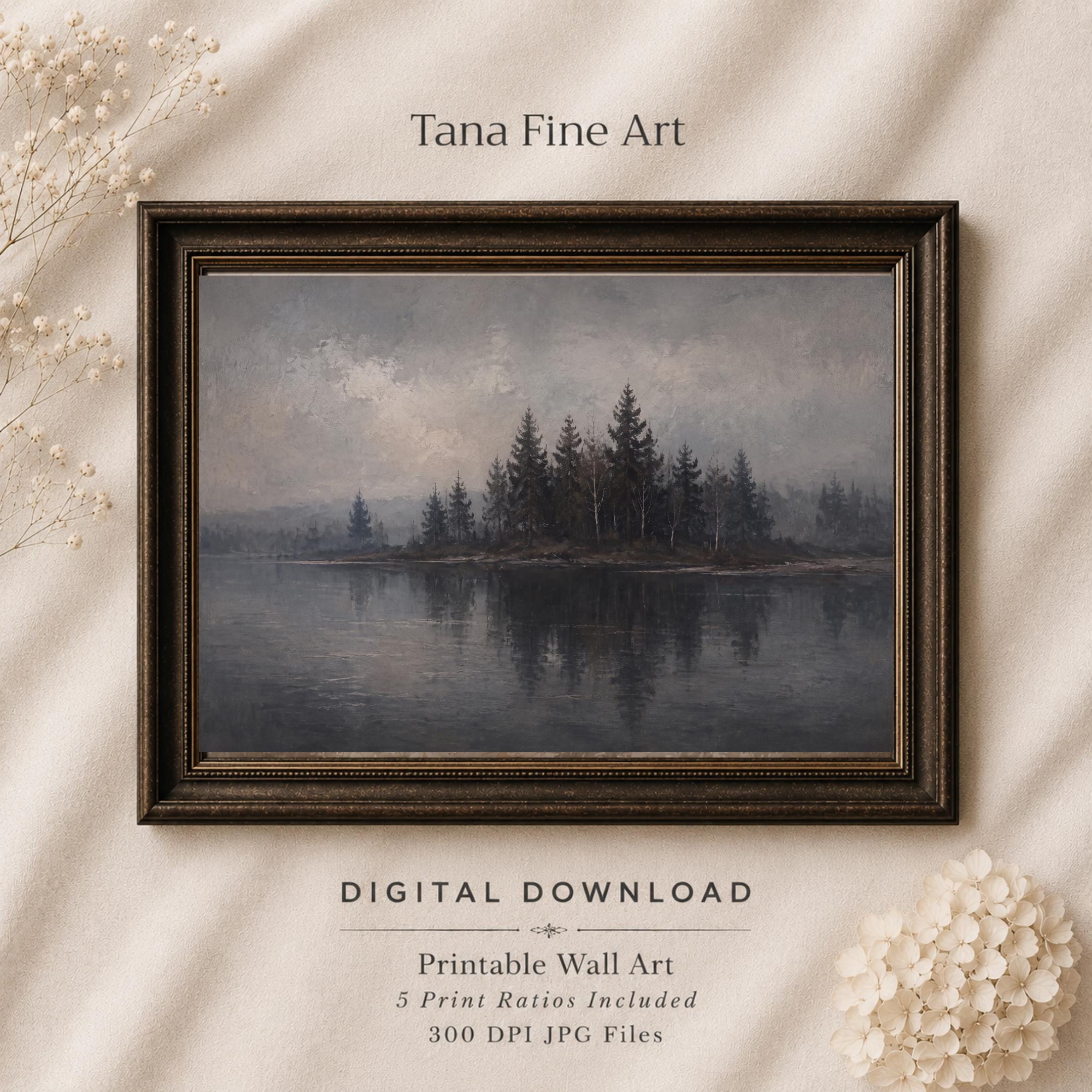 Moody Forest Lake Printable Wall Art, Vintage Woodland Landscape, Dark Academia Rustic Cabin Decor — image 7