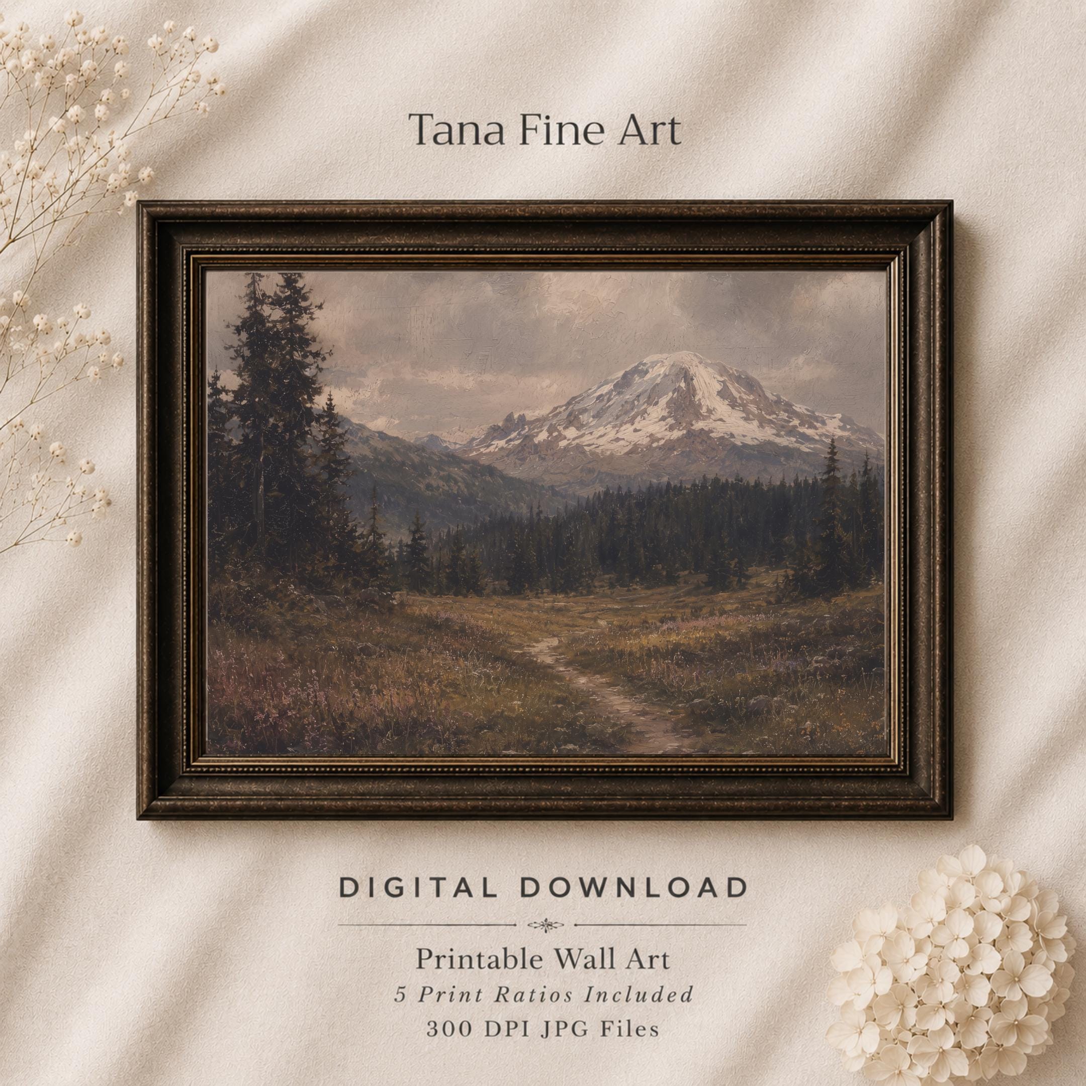 Mountain Landscape Wall Art | Mount Rainier Inspired Print | Moody Vintage Nature Digital Download