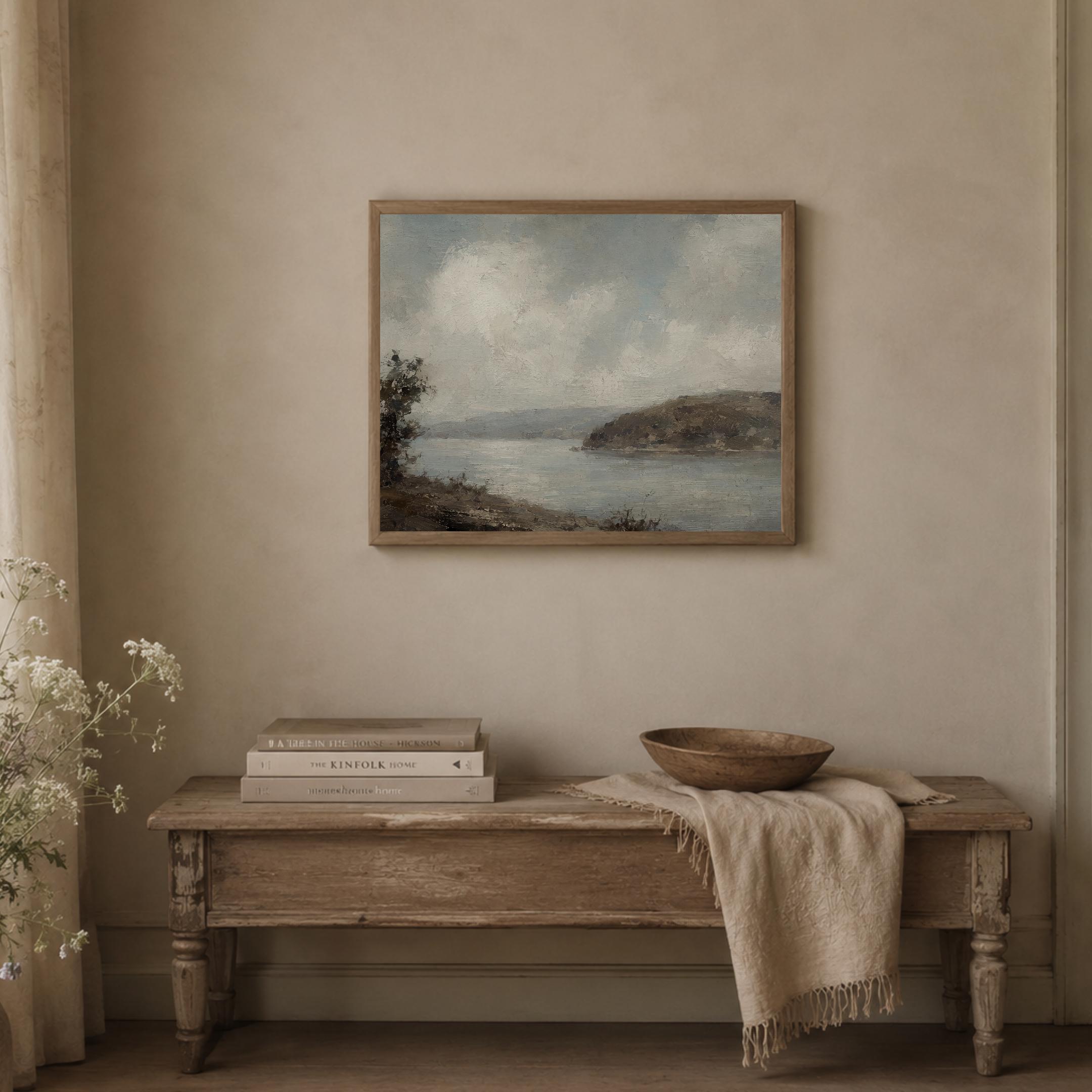 Vintage Lake Landscape Wall Art | Rustic Coastal Nature Print | Moody Painting Digital Download — image 4