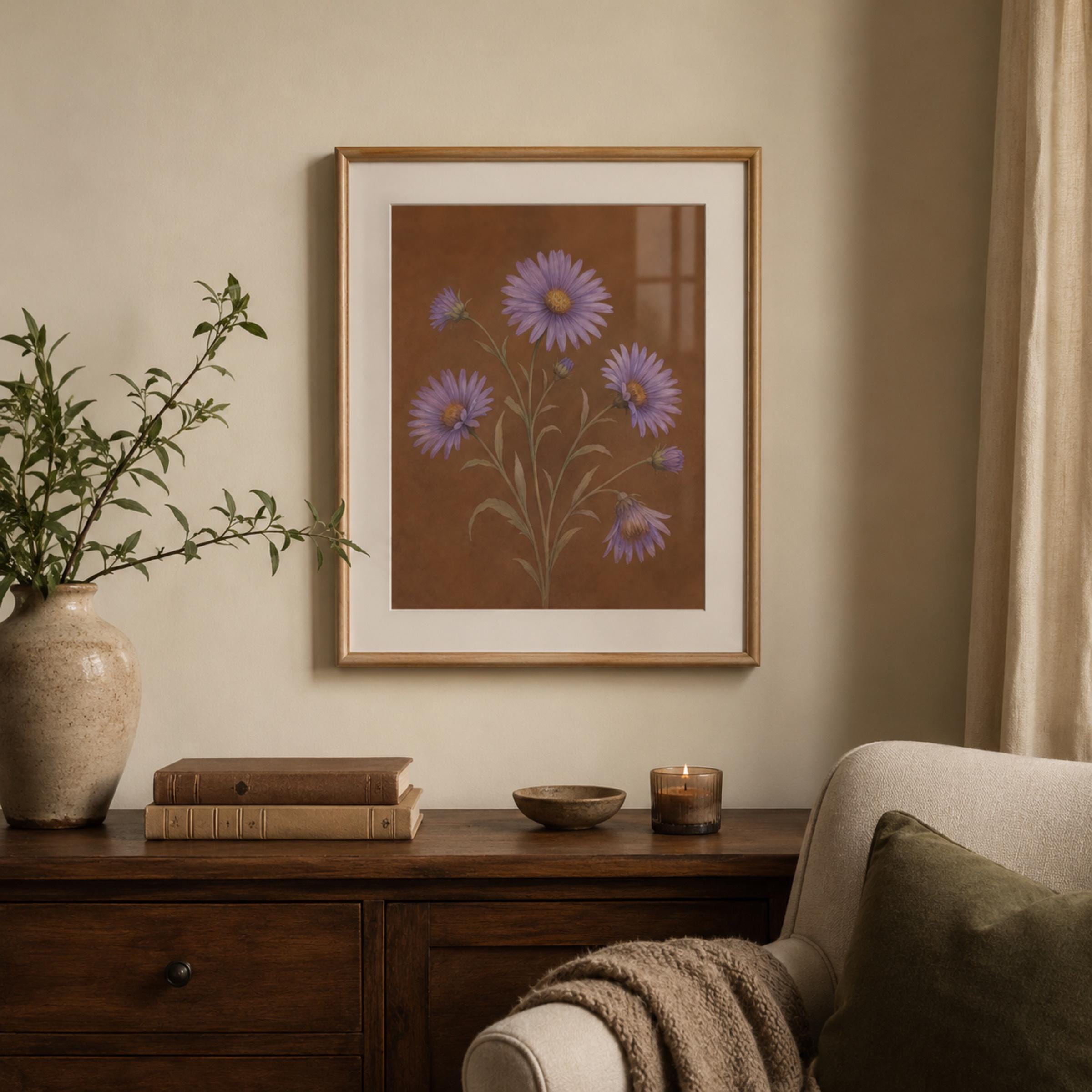 Moody September Birth Flower Print | Aster Wall Art | Vintage Botanical Digital Download — image 3