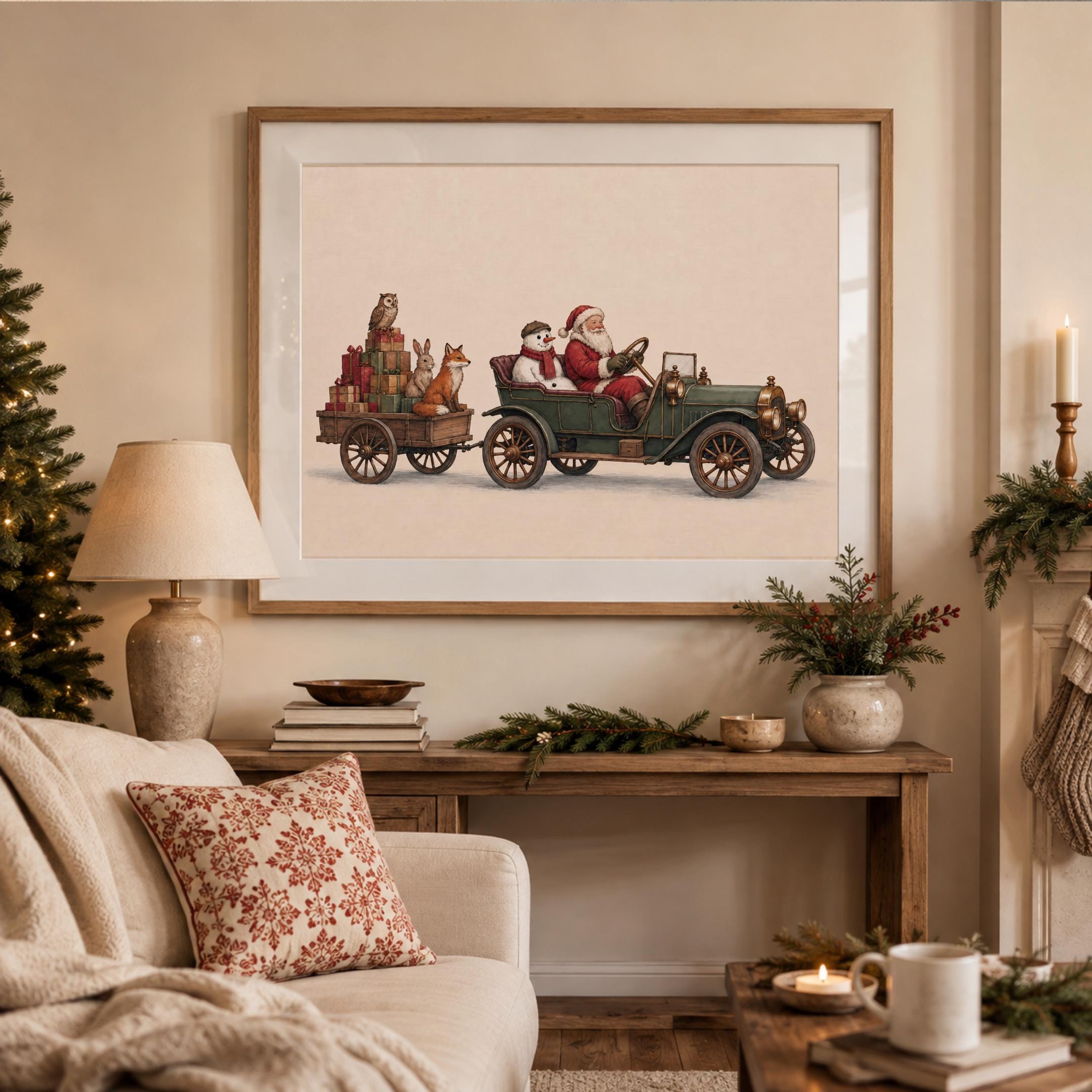 Vintage Santa Car Wall Art | Christmas Animal Print | Holiday Decor Printable Digital Download — image 3