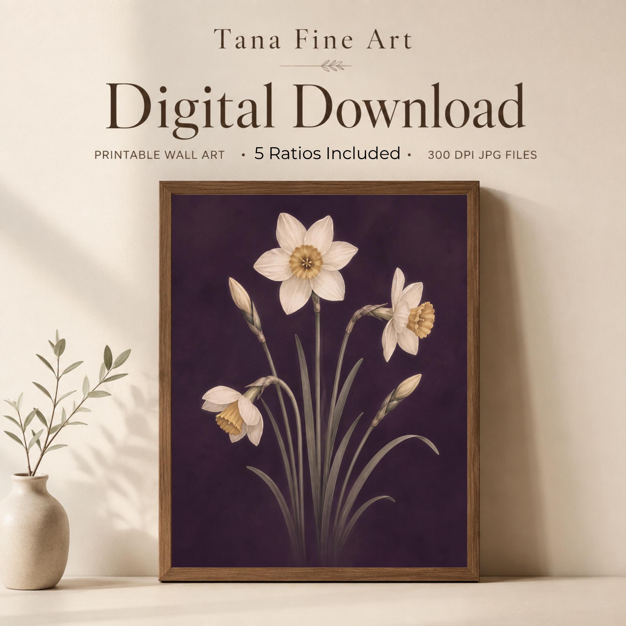 Moody December Birth Flower Print | Narcissus Wall Art | Dark Botanical Digital Download