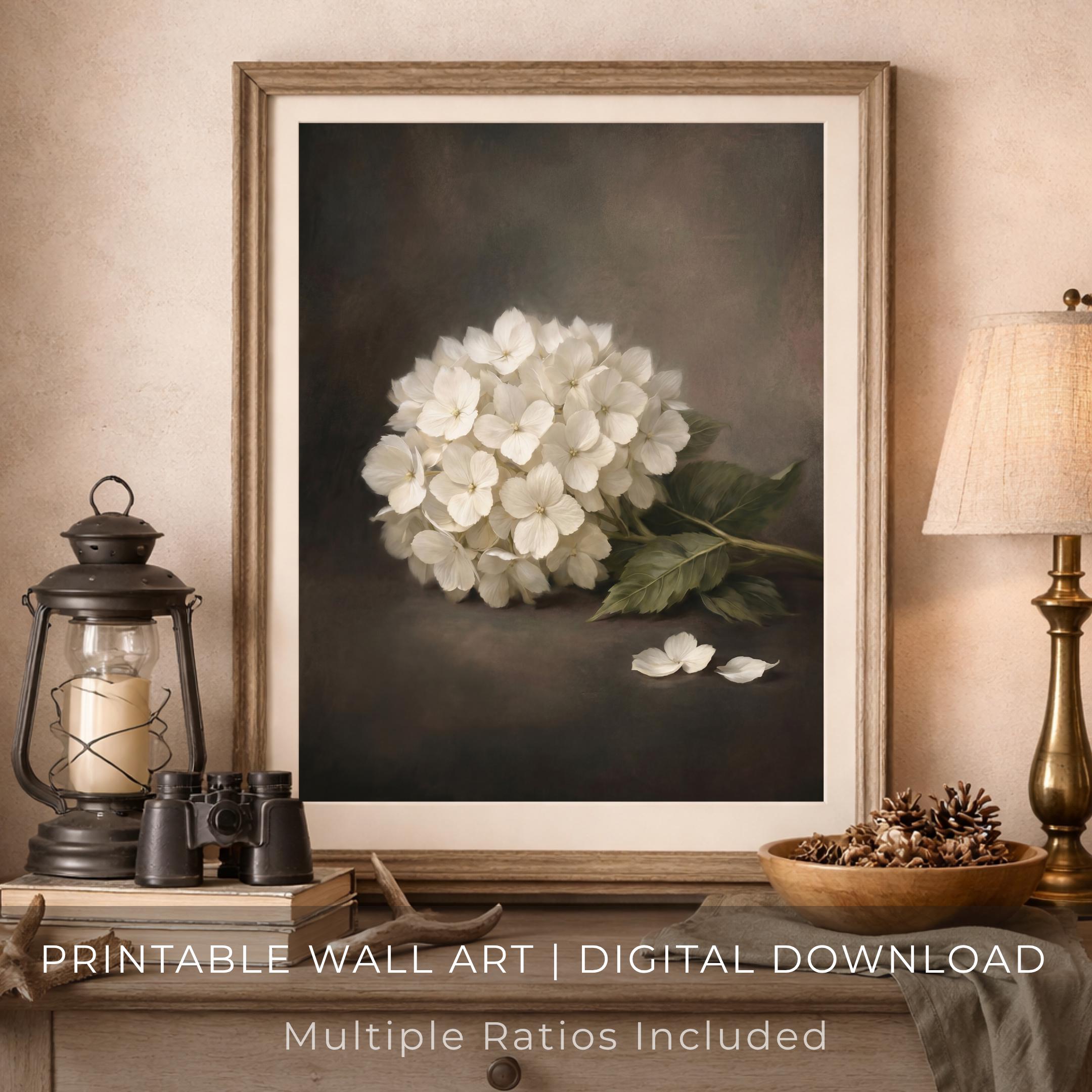 White Hydrangea Still Life Wall Art, Moody Floral Prints, Antique Floral Decor (Digital Download) — image 7