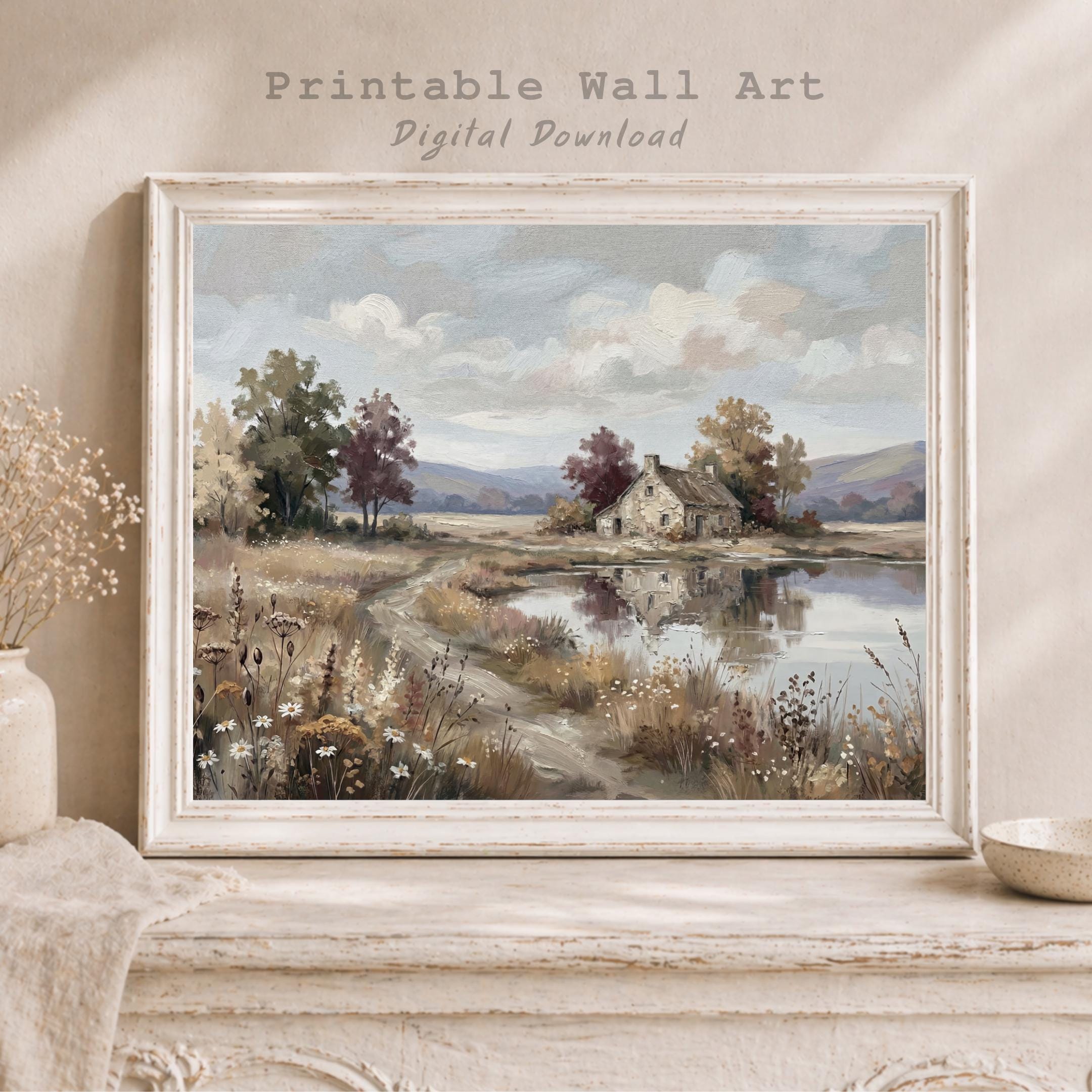 Cottage Landscape Wall Art, Farmhouse Lake House Print, Soft Countryside Nature Decor (Digital Download) — image 4
