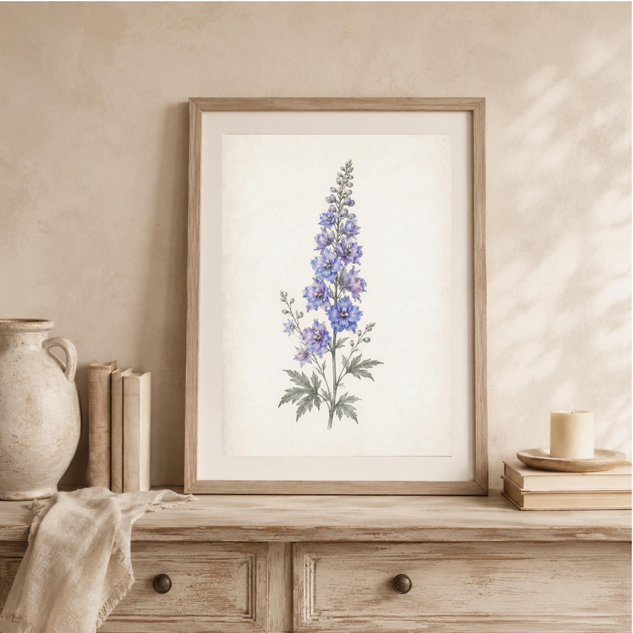July Birth Flower Art Print, Blue Larkspur Vintage Botanical Prints, Watercolor Floral (Digital Download) — image 6