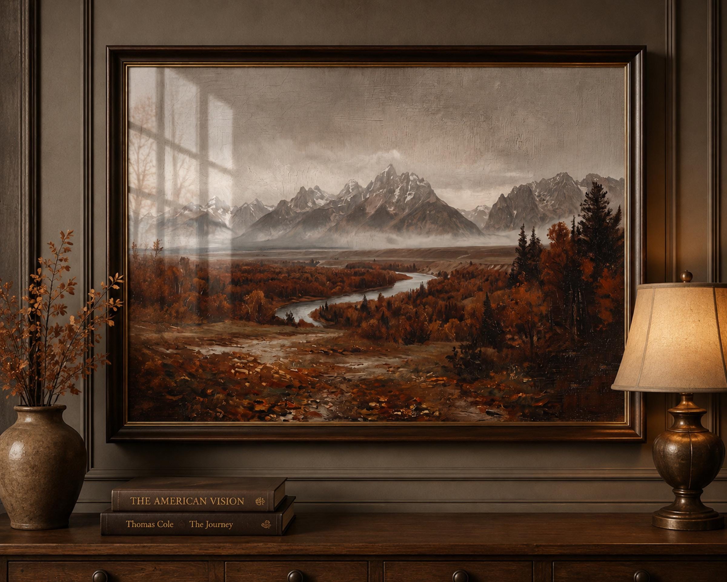 Mountain River Wall Art | Grand Teton Inspired Fall Print | Moody Vintage Landscape Digital Download — image 3