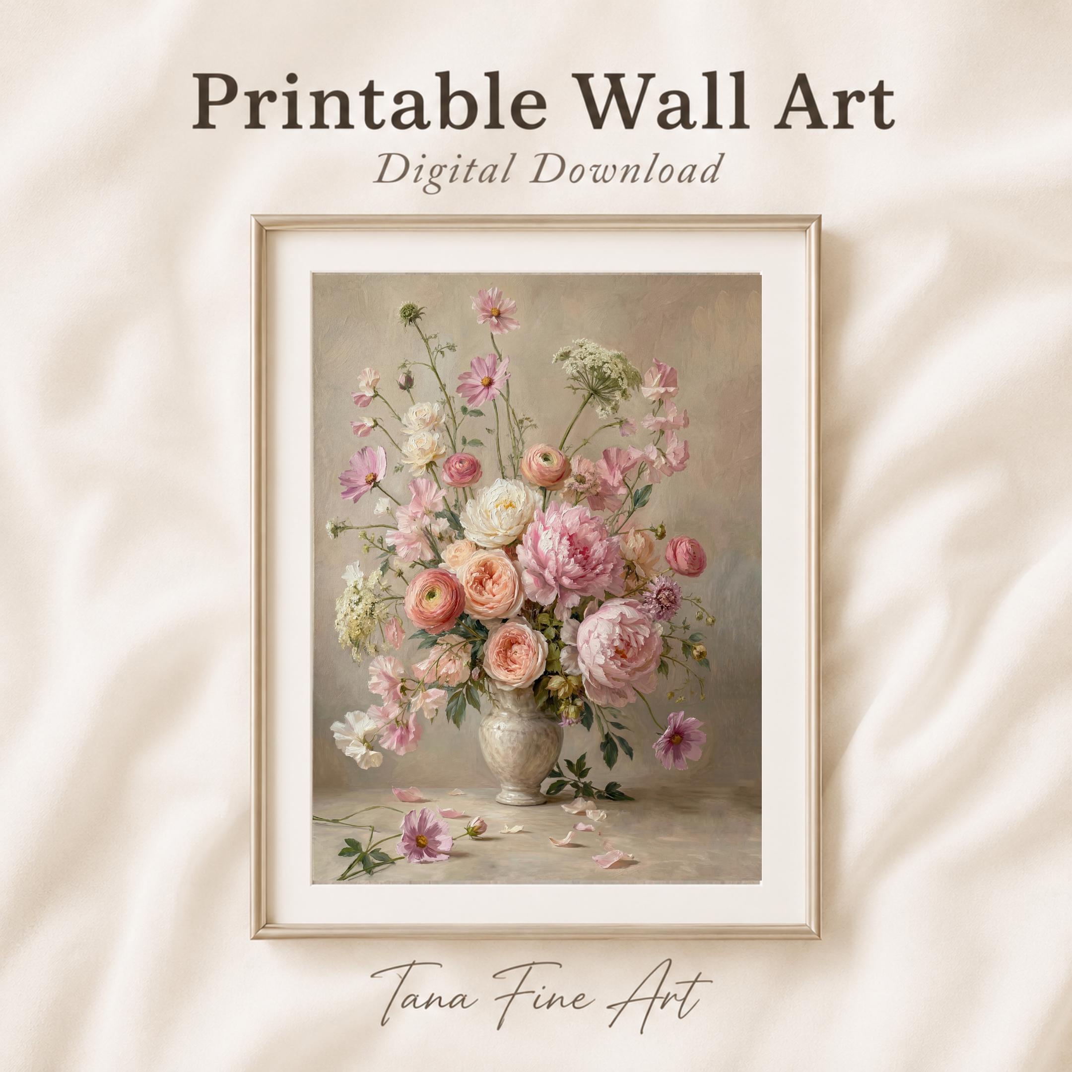 Vintage Pink Peony Vase Printable Wall Art, Romantic Floral Cottage Home Decor Digital Download