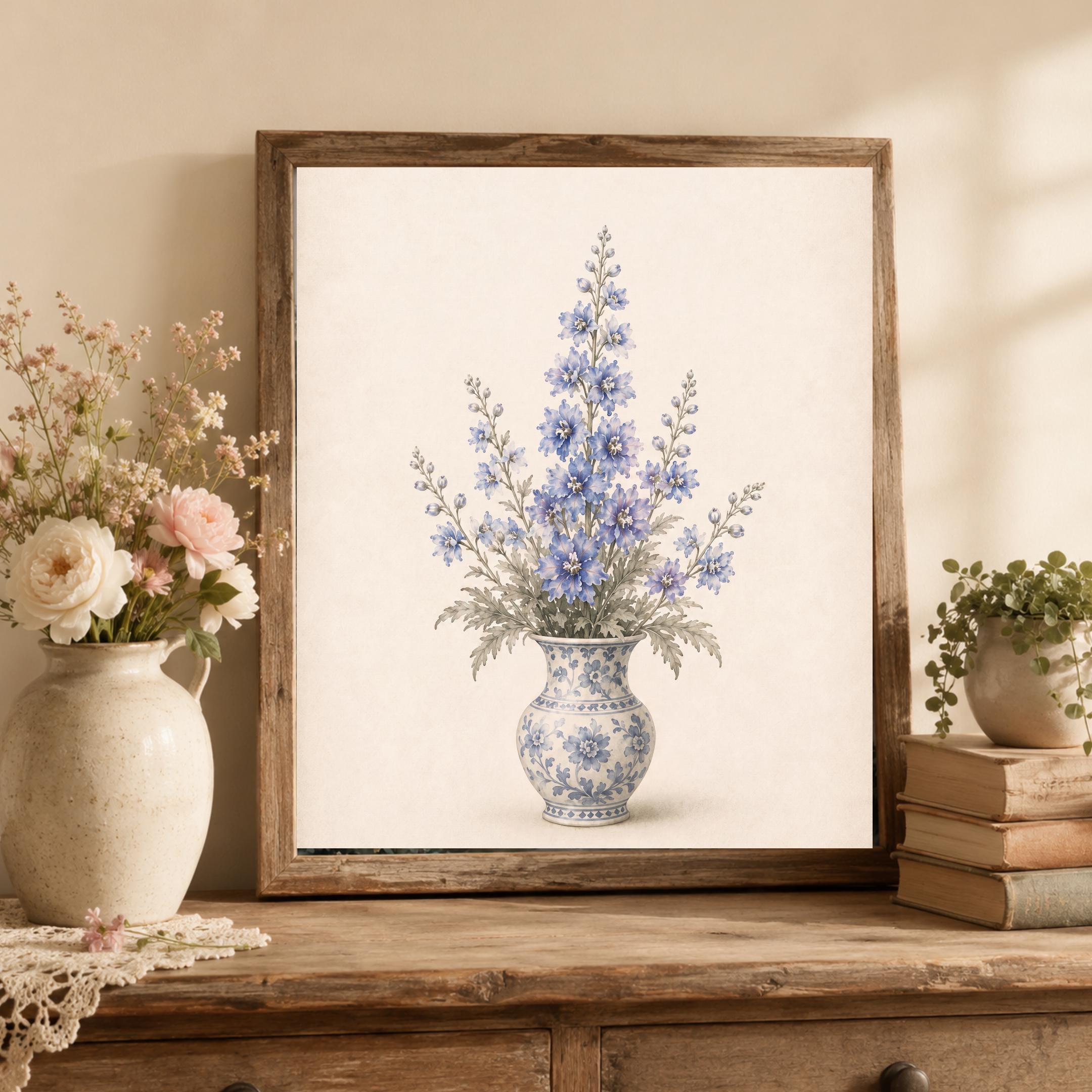July Birth Flower Bouquet Art Print | Larkspur Printable Art | Blue Floral Vase Digital Download — image 6