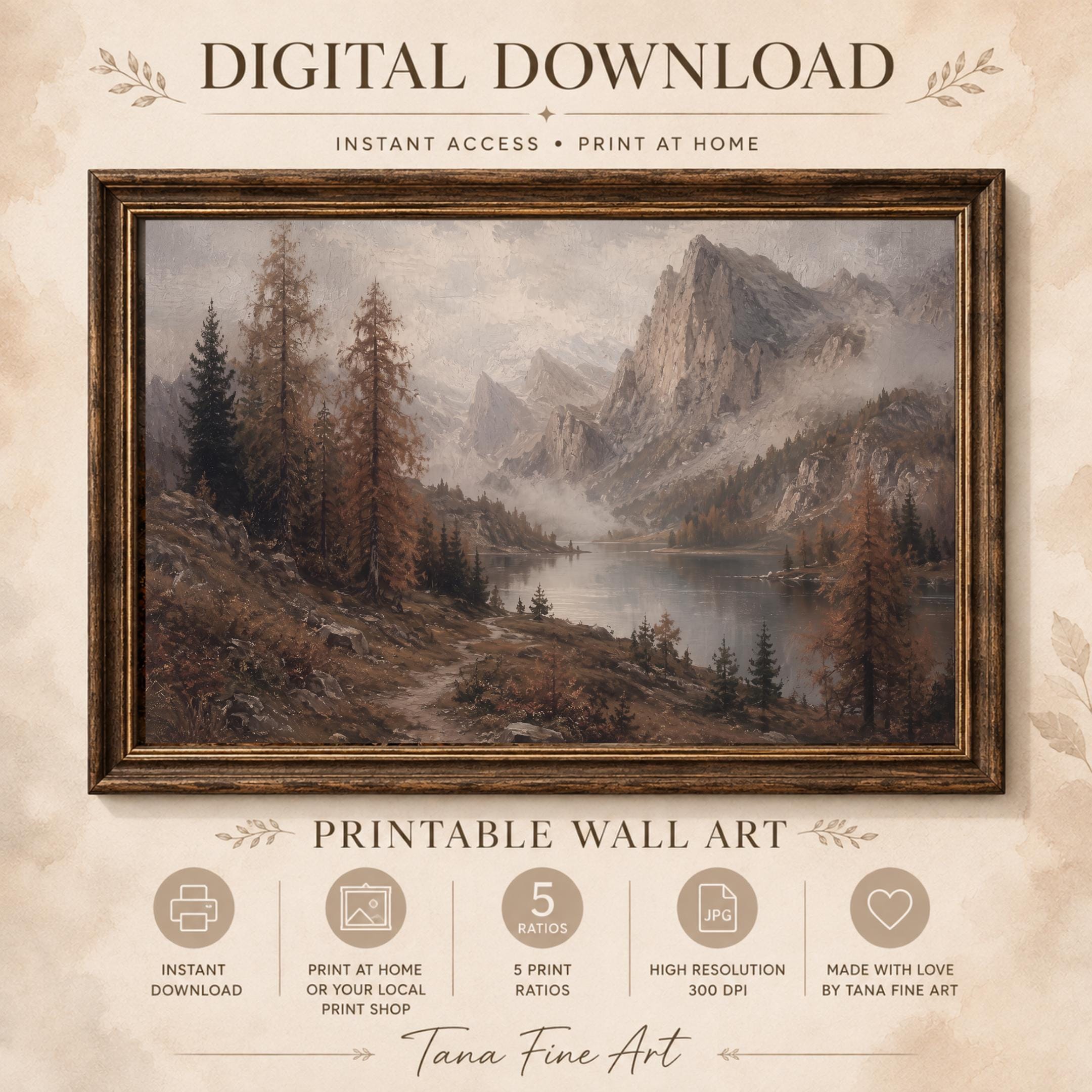 Mountain Lake Wall Art | Moody Alpine Landscape Print | Vintage Fall Nature Printable Digital Download