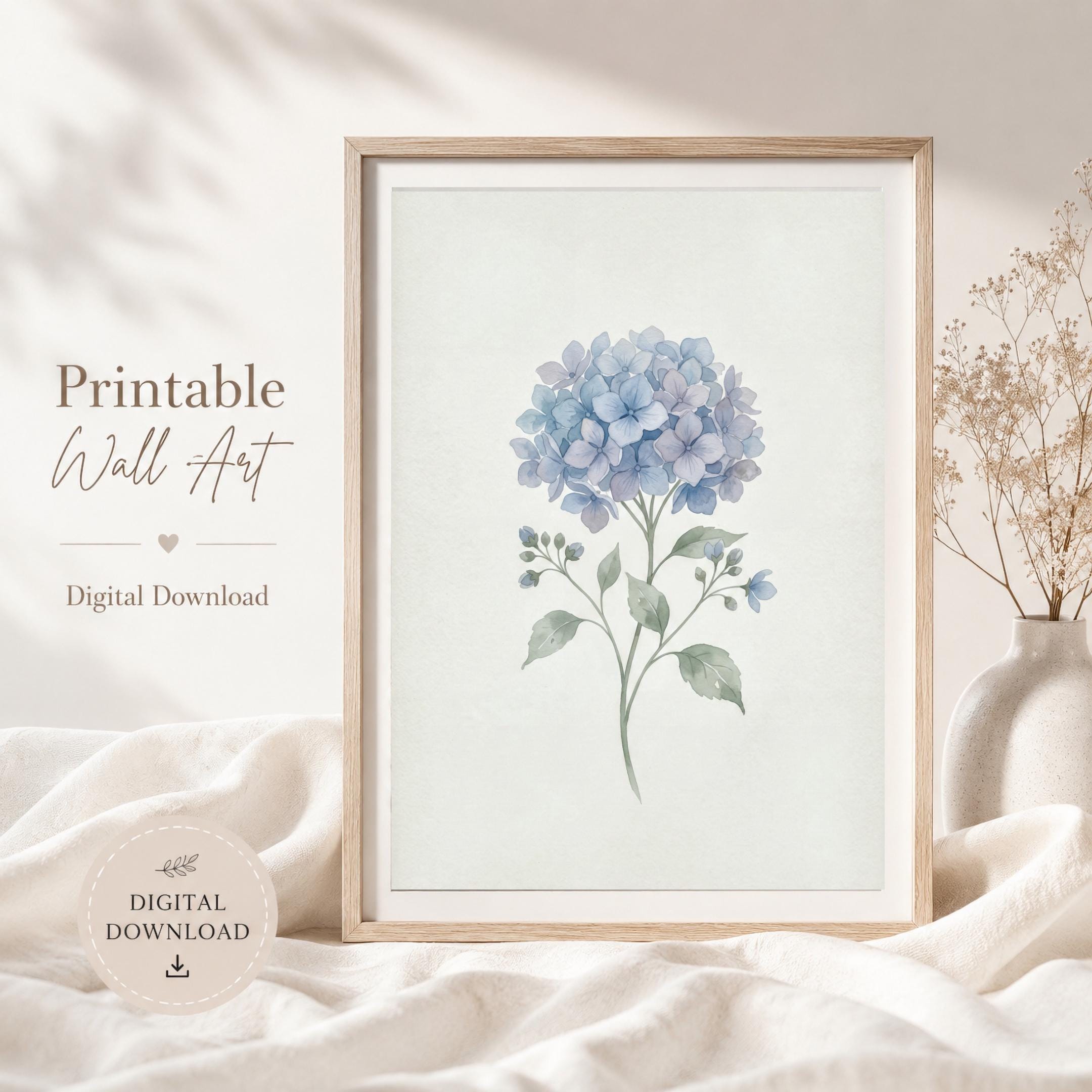 Blue Hydrangea Botanical Print, Minimal Watercolor Flower Wall Art, Soft Cottage Decor (Digital Download) — image 5