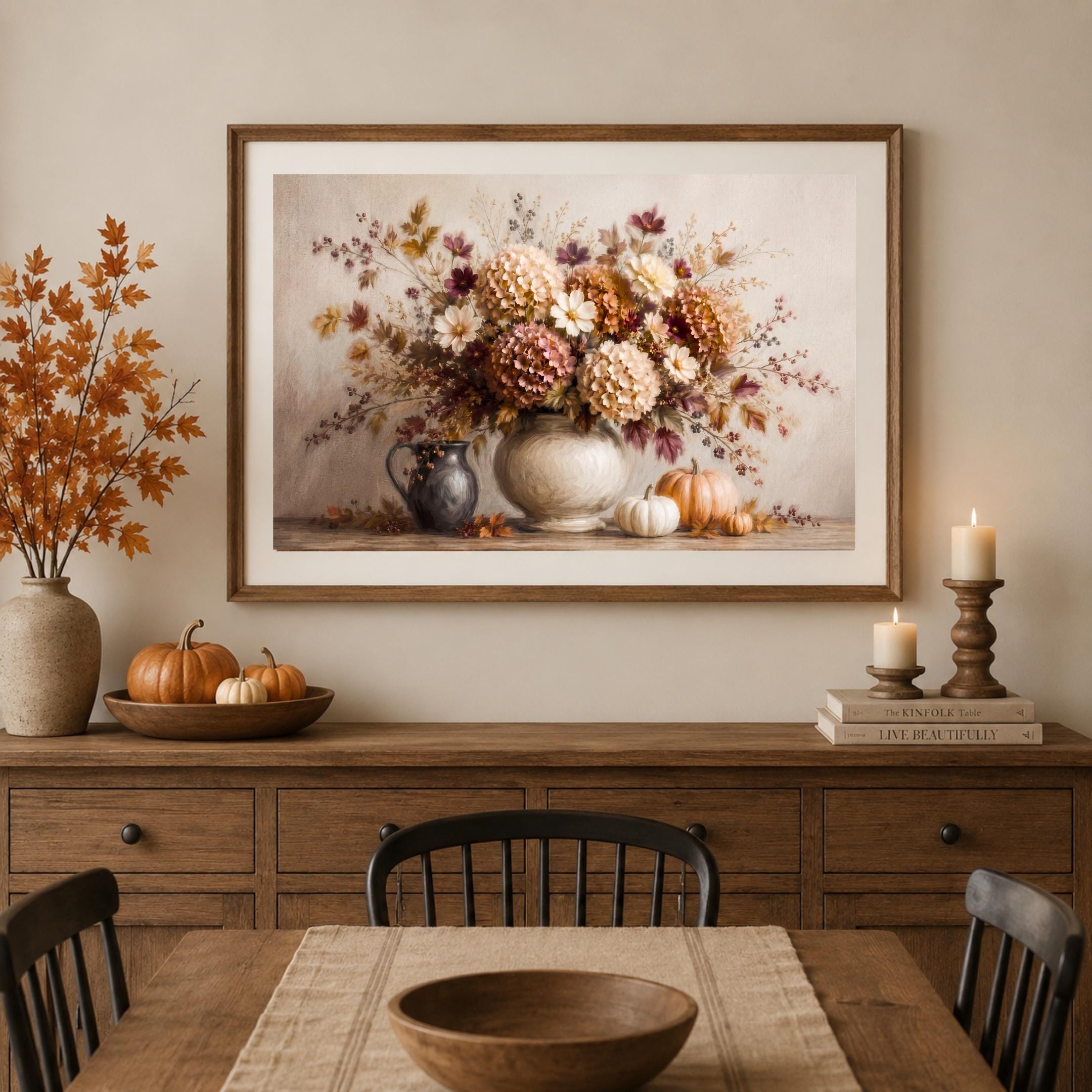 Fall Floral Centerpiece Wall Art, Pumpkin Hydrangea Still Life Print, Thanksgiving Decor (Digital Download) — image 7