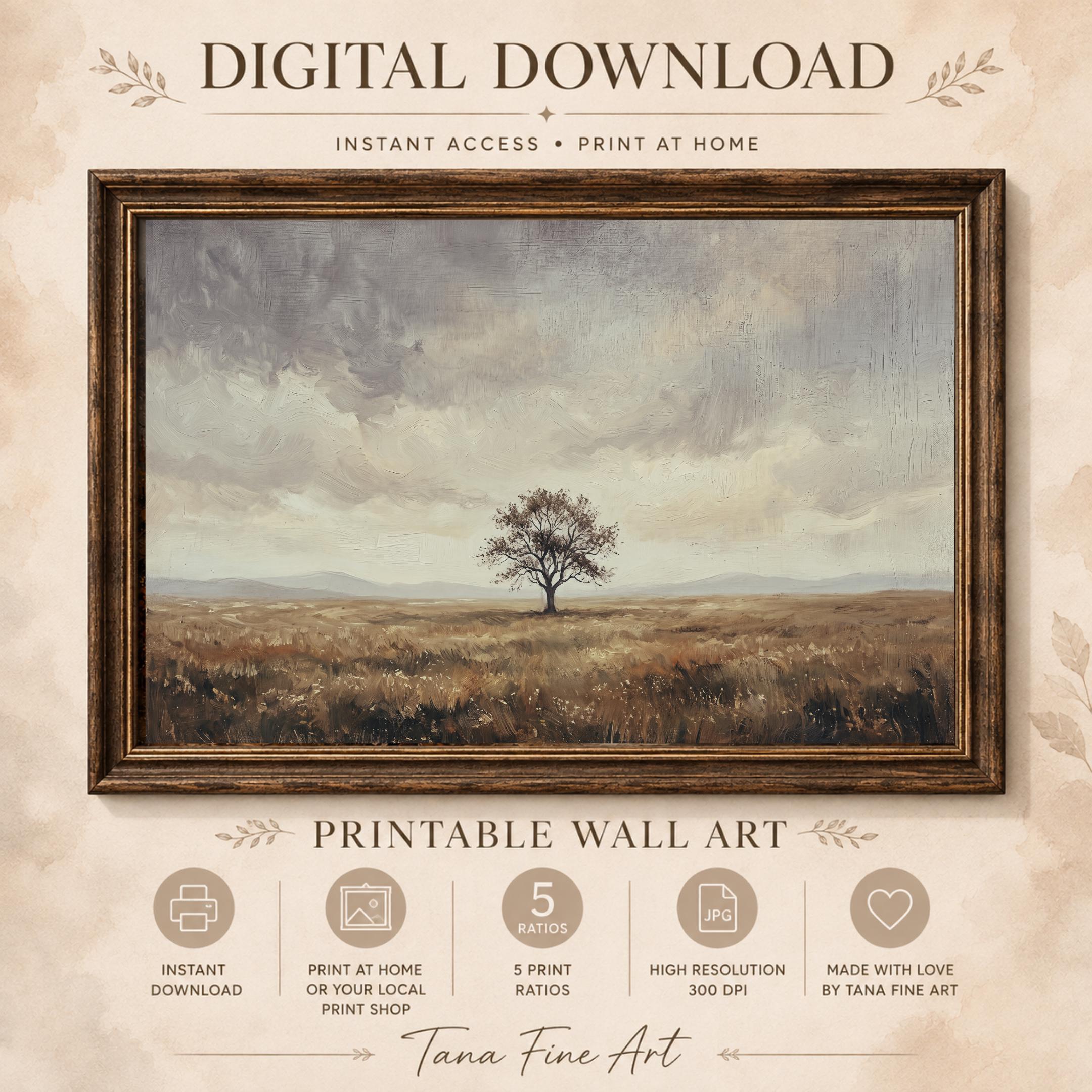 Solitary Tree Printable Wall Art, Vintage Meadow Landscape, Neutral Earthy Rustic Farmhouse Digital Download — image 8