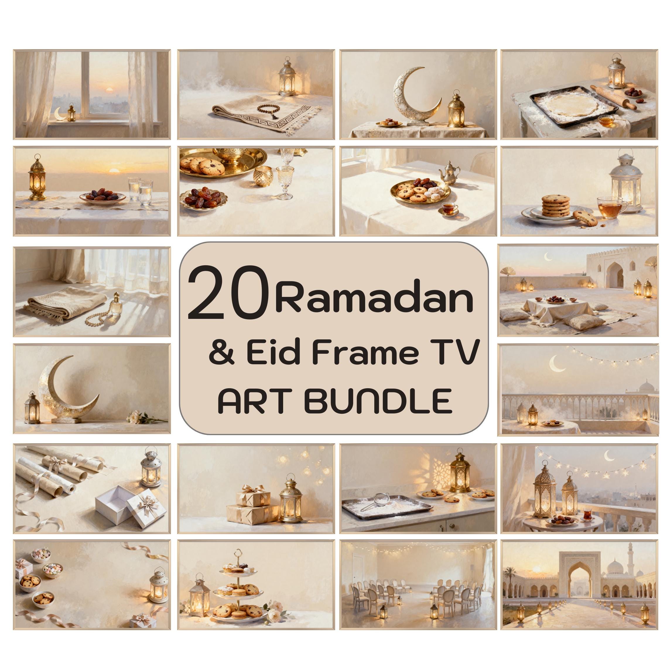 Islamic Frame TV Art Bundle 20 JPGs, Neutral Lantern Crescent Art | Digital Download