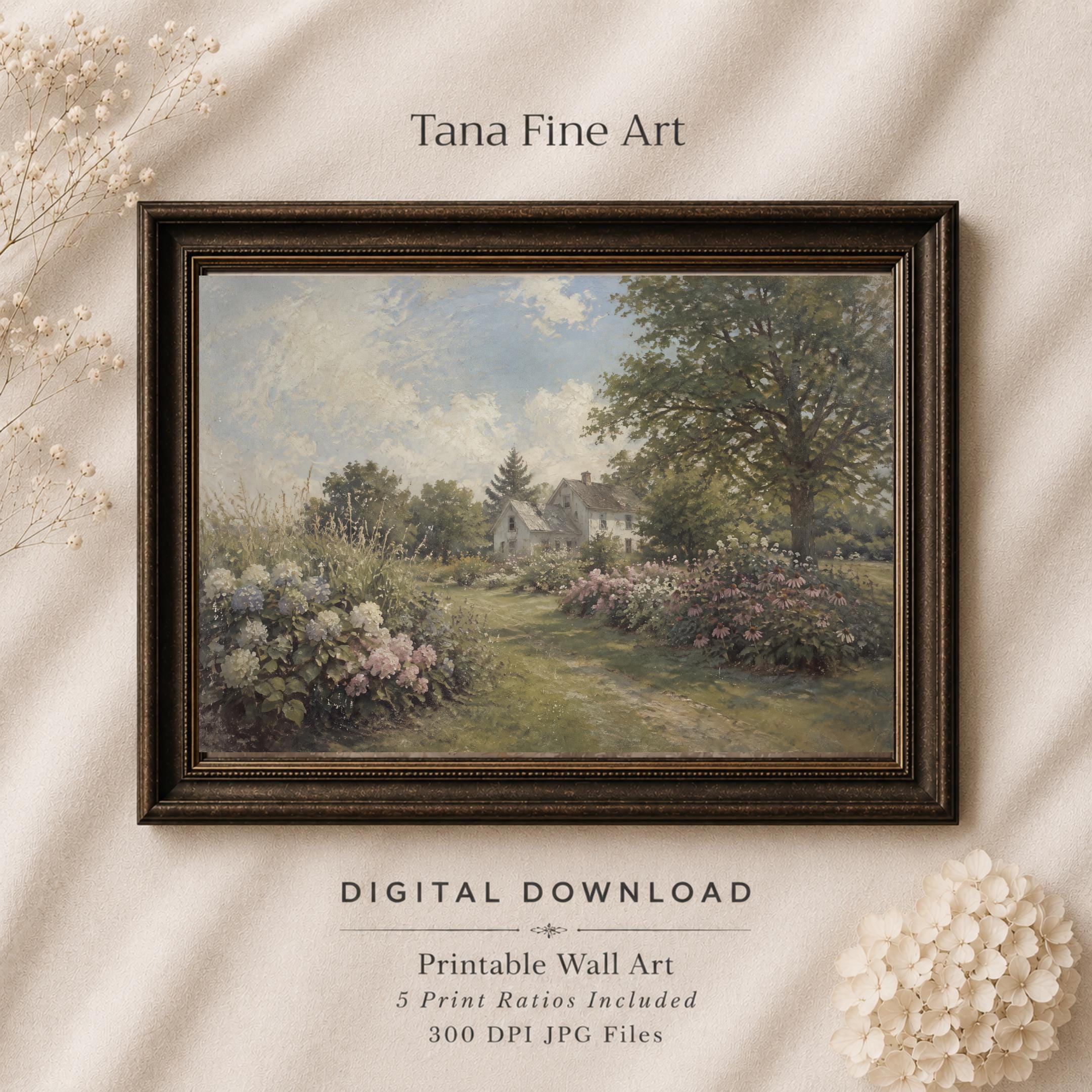 Vintage American Cottage Garden Printable Wall Art, Wildflower Landscape, Rustic Farmhouse Country Home Decor
