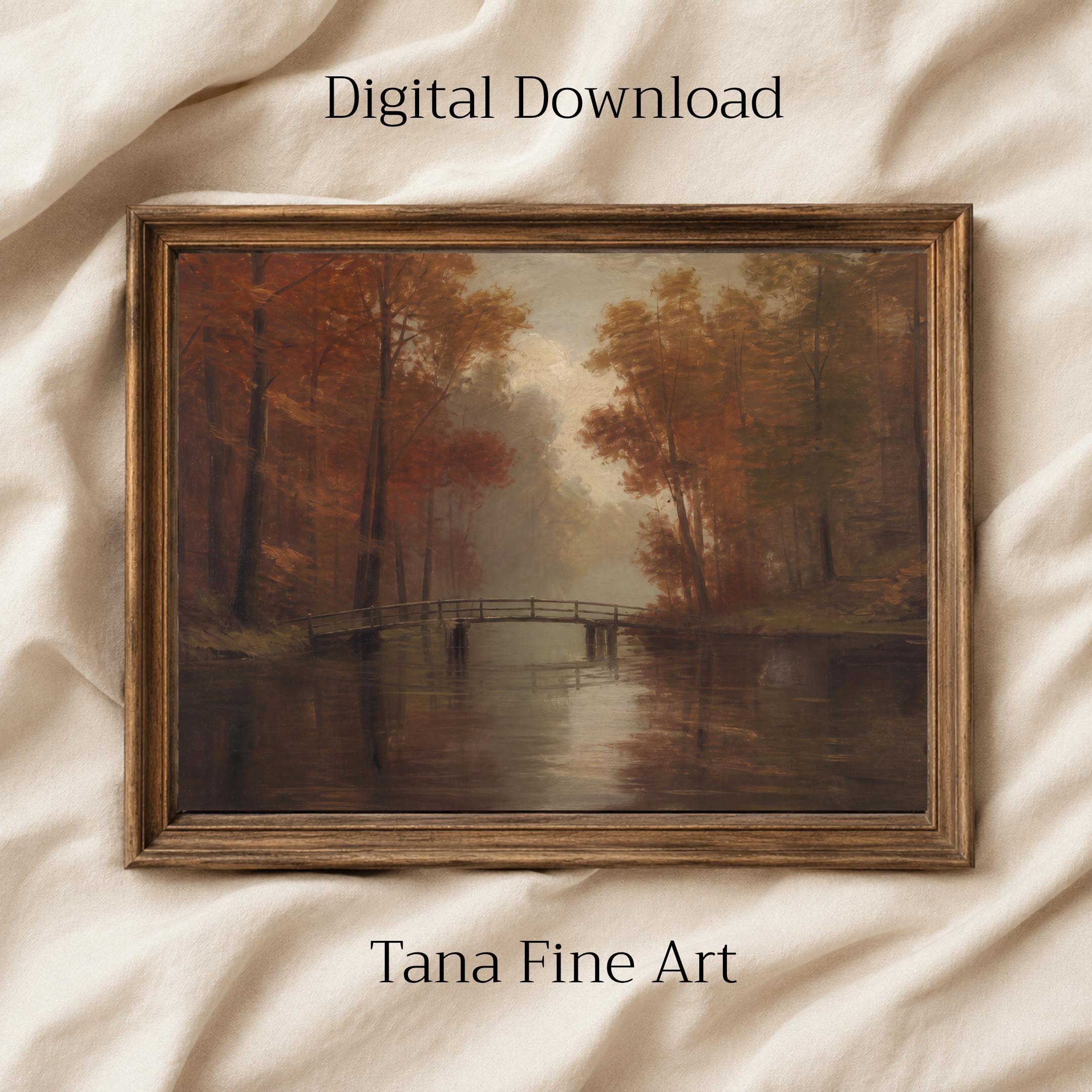 Moody Fall Forest Wall Art | Autumn River Bridge Print | Vintage Landscape Printable Digital Download — image 7