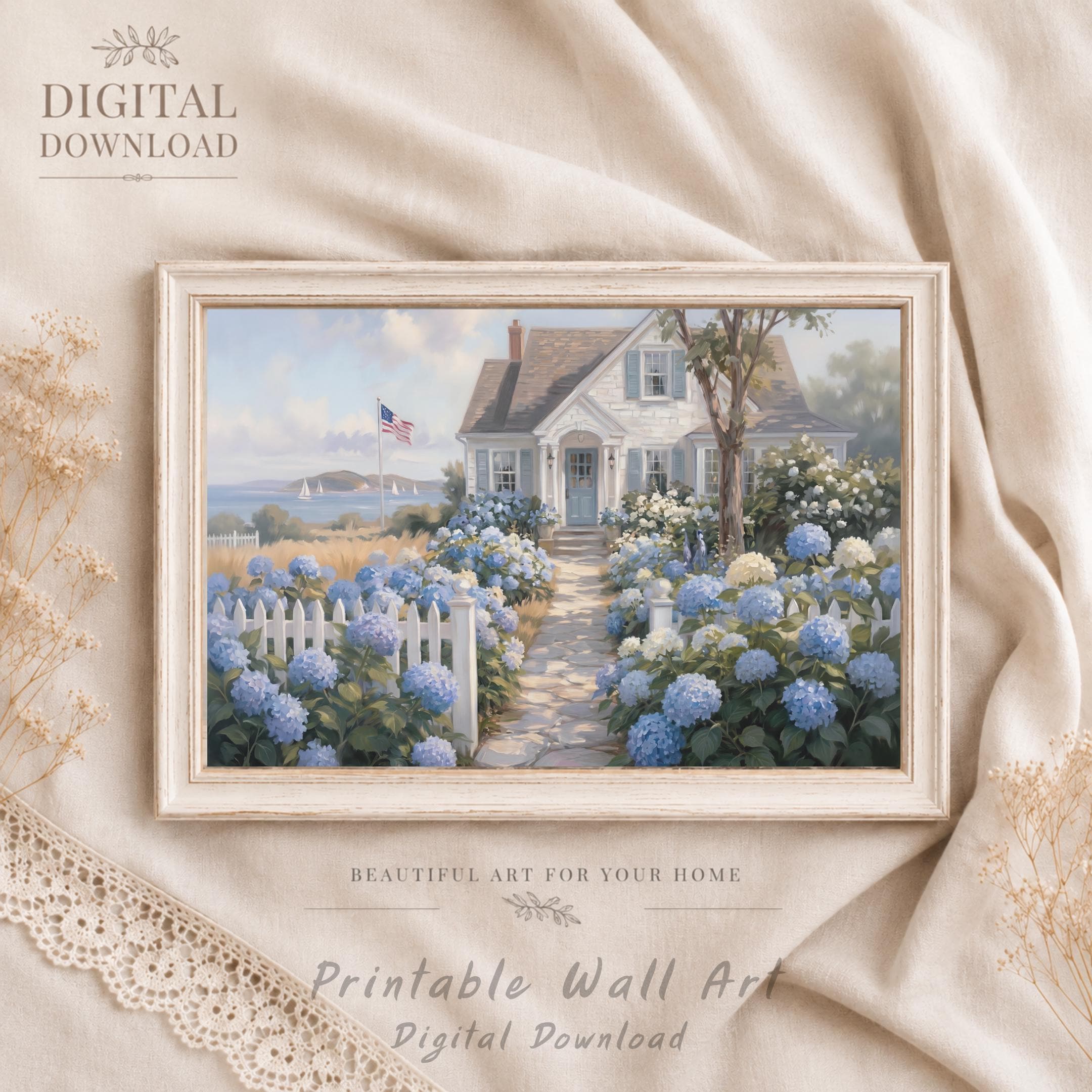 Patriotic Coastal Hydrangea Cottage Printable Wall Art, American Flag Beach Home Decor Digital Download