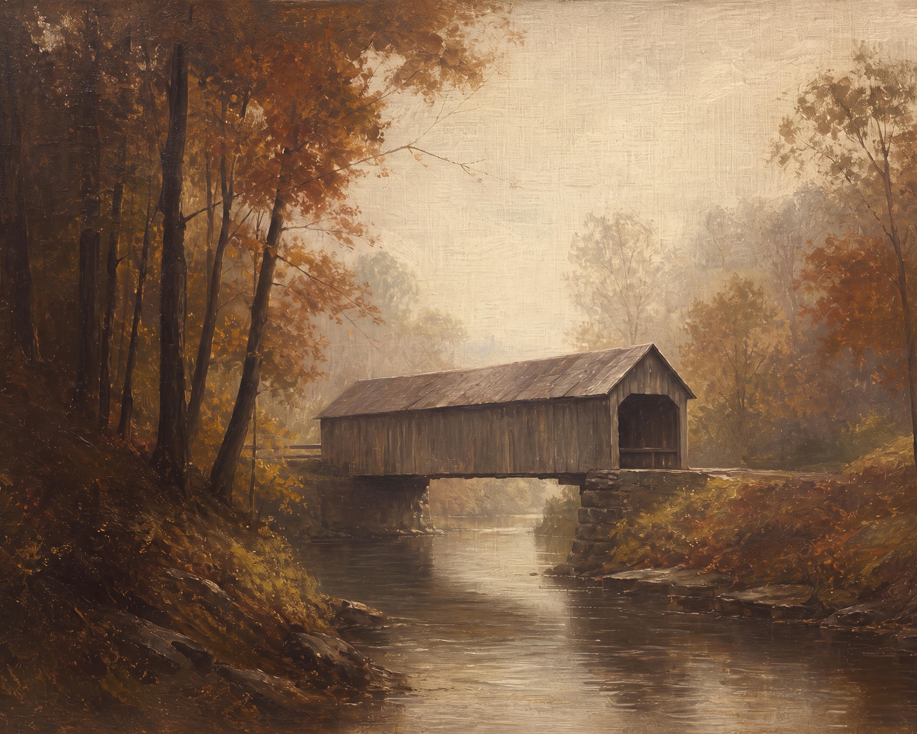 Covered Bridge Wall Art | Vermont Inspired | Fall Forest Creek Landscape | Rustic Printable Digital Download — image 2