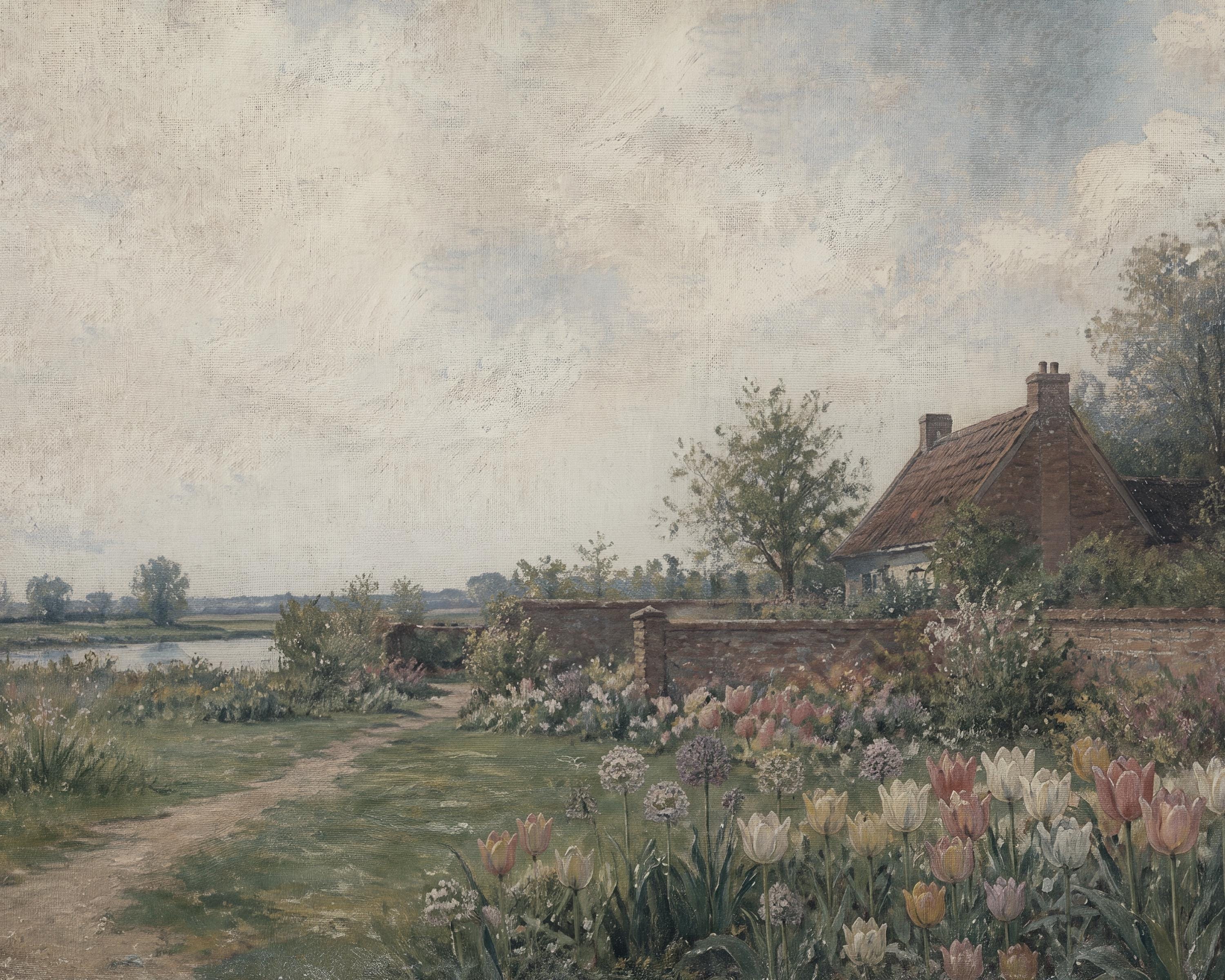 Vintage Dutch Tulip Garden Wall Art, Spring Cottage Landscape, Floral Country Decor, Digital Download — image 2
