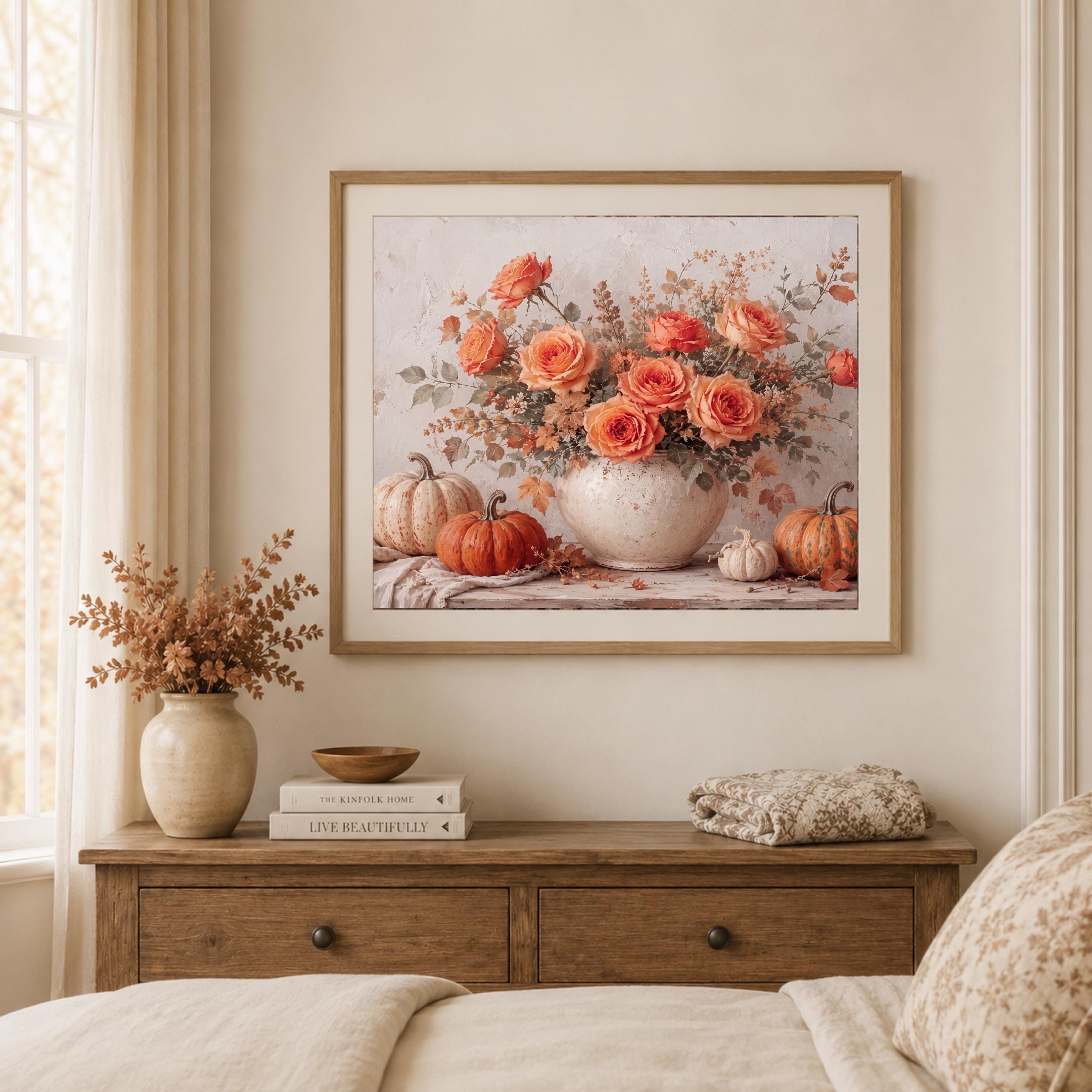 Autumn Rose Pumpkin Wall Art, Vintage Floral Still Life Printable Digital Download — image 7