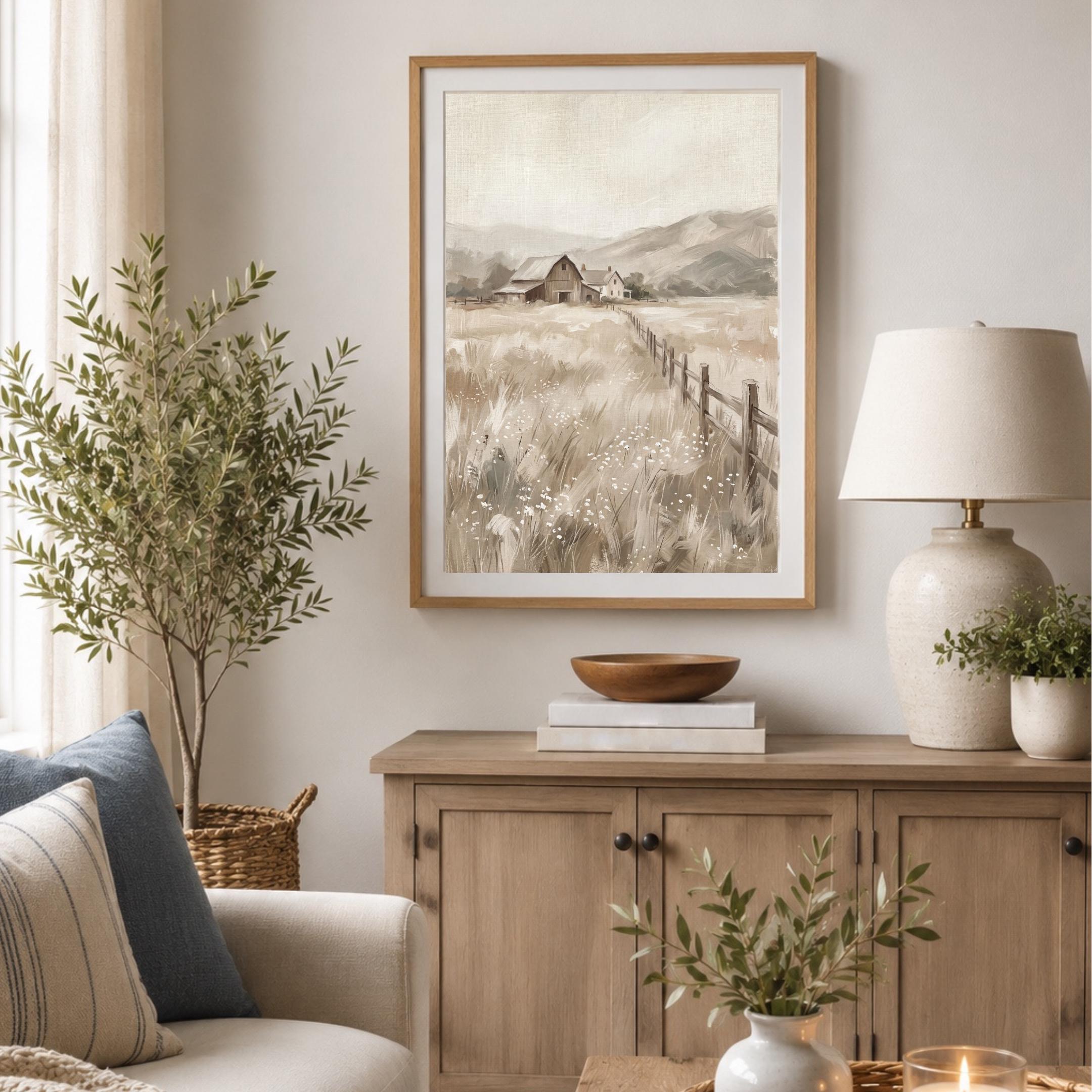 Barn Farmhouse Wall Art Prints | Neutral Landscape Print, Rustic Country Meadow Decor (Digital Download) — image 3