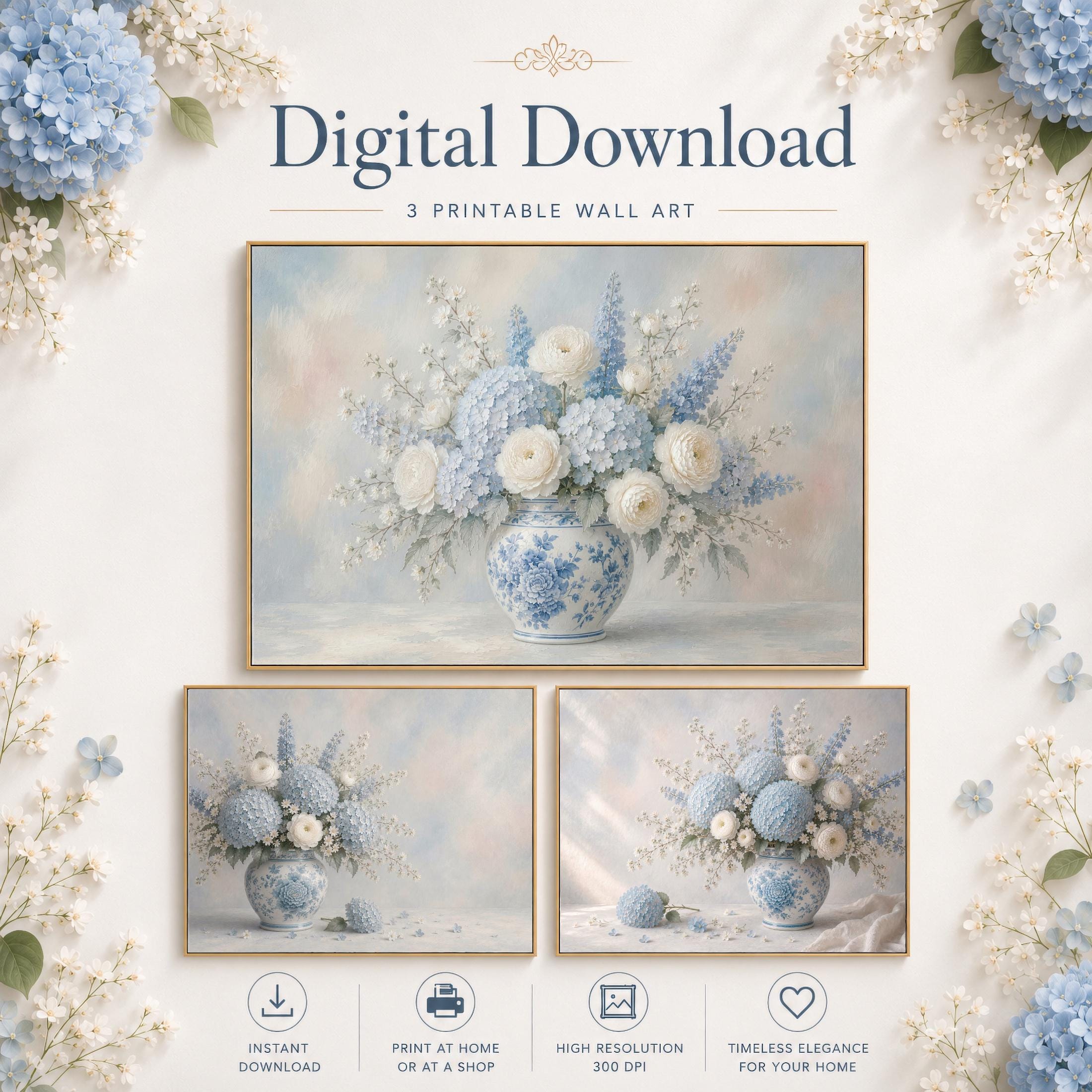 Blue Hydrangeas & Chinoiserie Vases — Set of 3