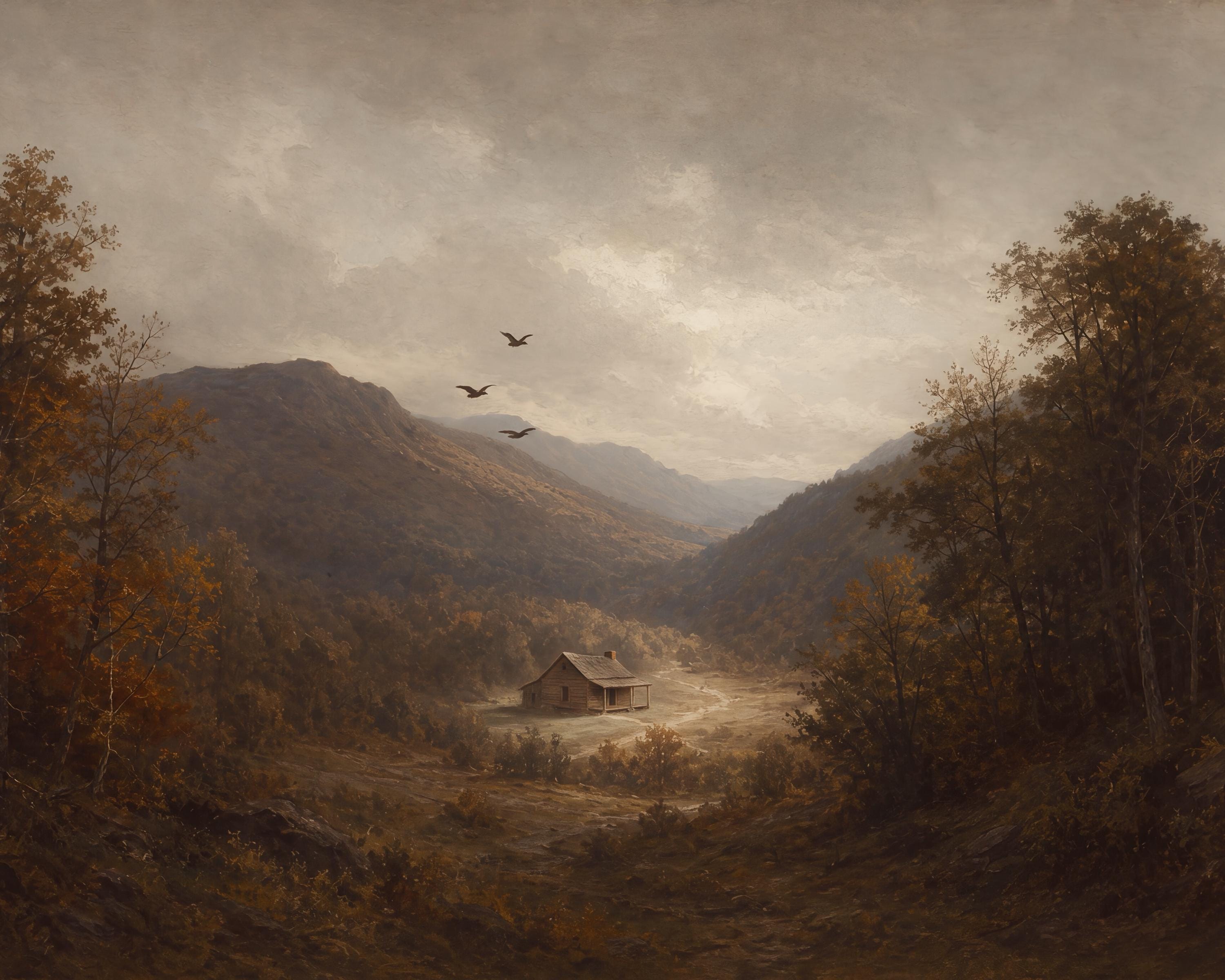 Moody Fall Mountain Cabin Printable Wall Art, Vintage Autumn Landscape Digital Download — image 2
