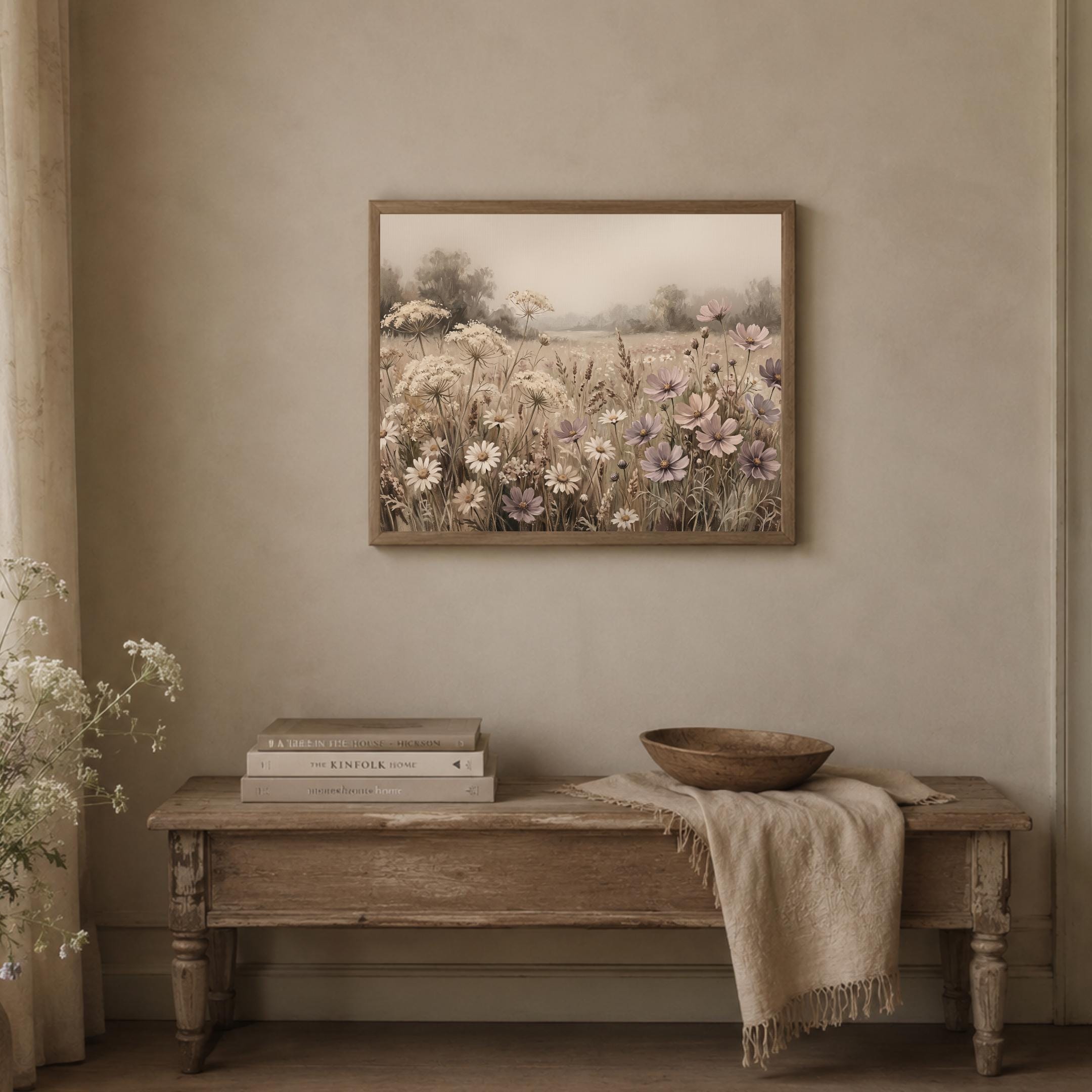 Neutral Floral Landscape Print, Wildflower Meadow Wall Art, Soft Cottage Prints (Digital Download) — image 7