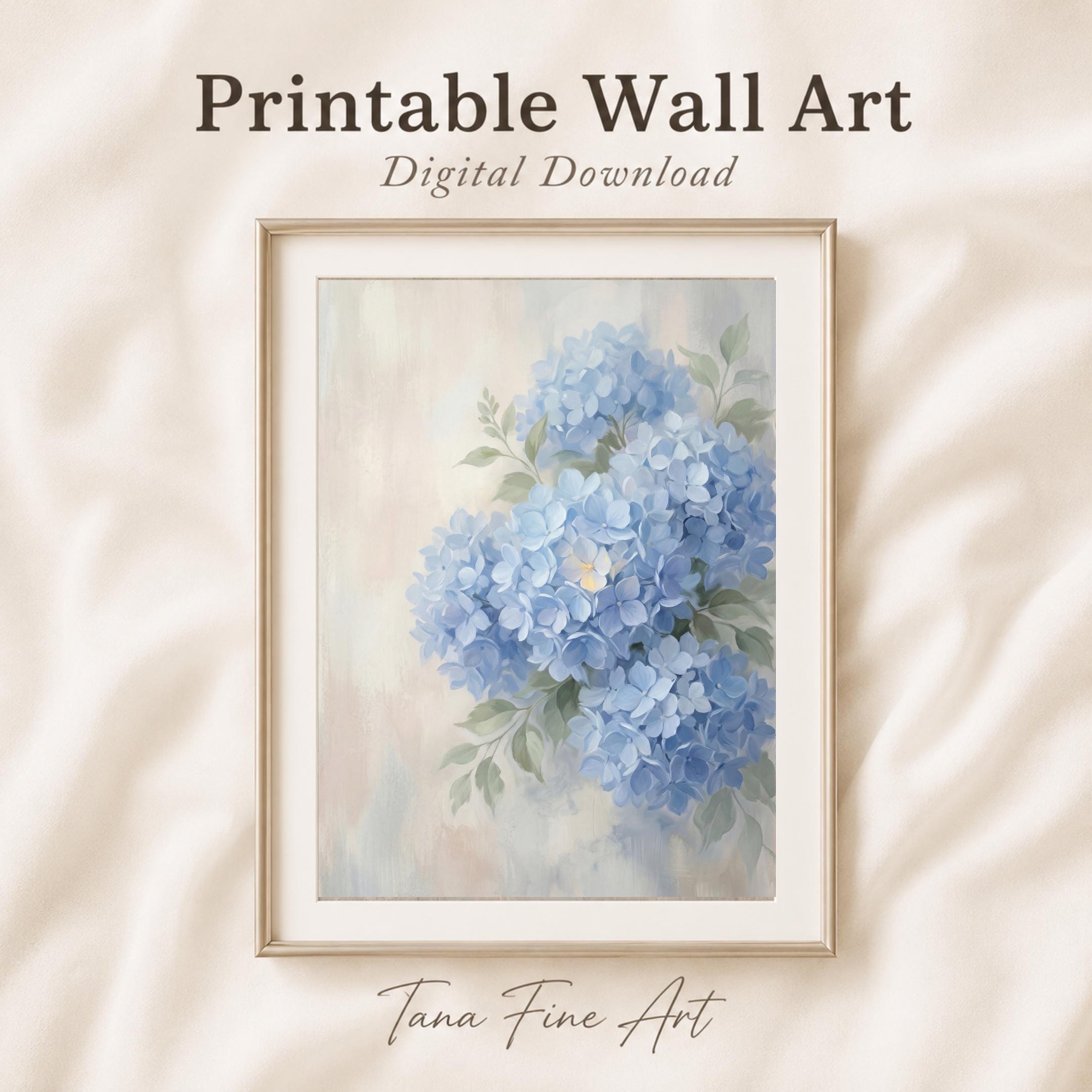 Watercolor Blue Hydrangea Art Print | Neutral Floral Wall Decor (Digital Download)