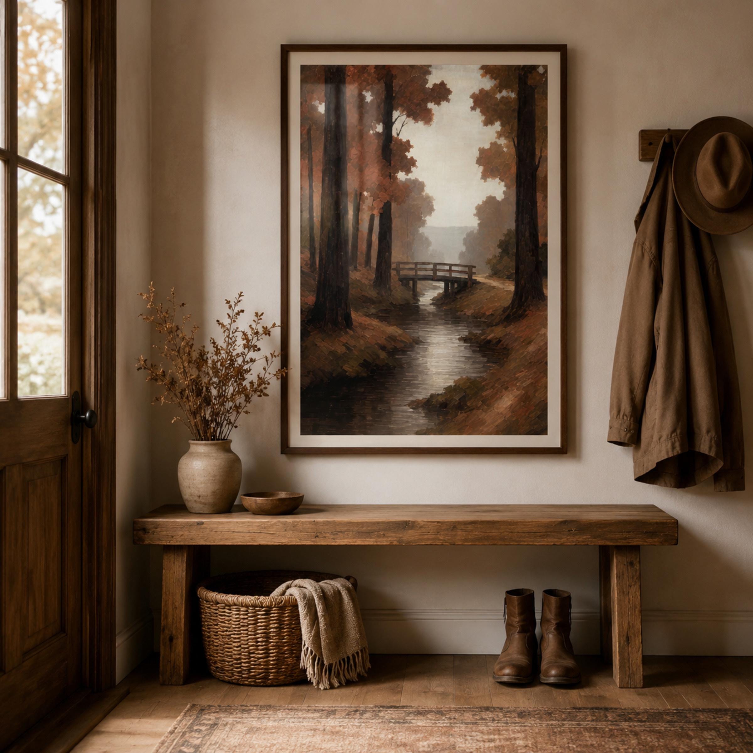Fall Stream Wall Art | Autumn Forest Bridge Print | Moody Printable Digital Download — image 4