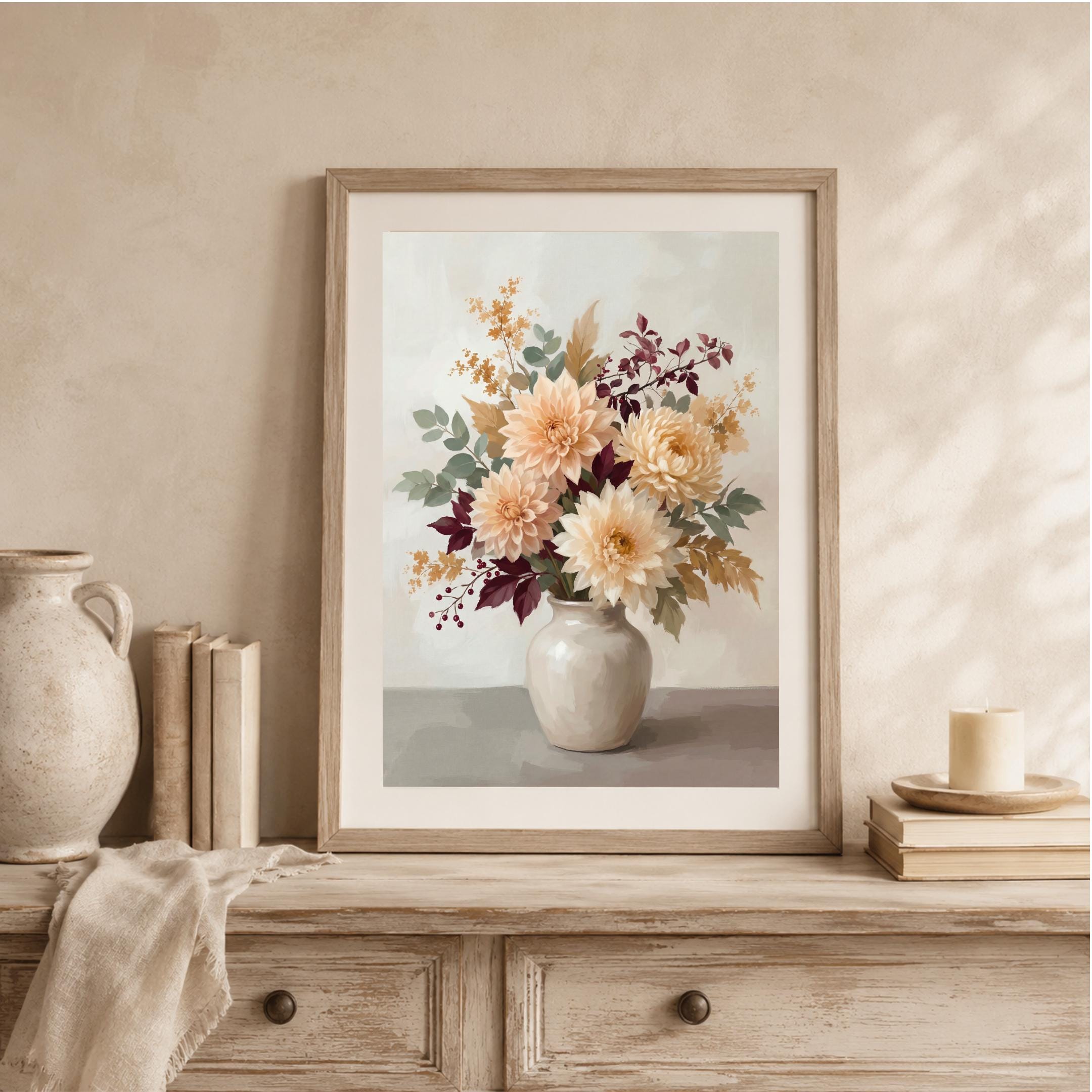 Fall Dahlia Wall Art, Cream Floral Vase Print, Burgundy Autumn Leaf Decor (Digital Download) — image 6