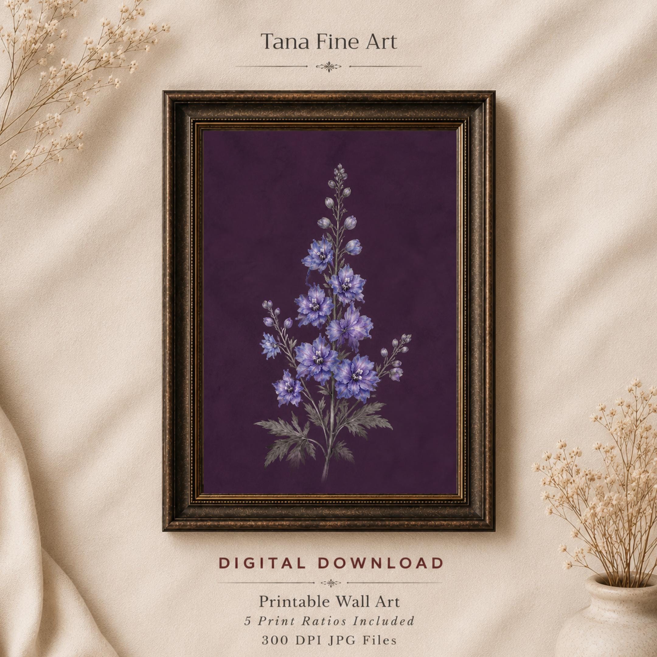 Dark July Birth Flower Print | Larkspur Wall Art | Dark Botanical Digital Download — image 6