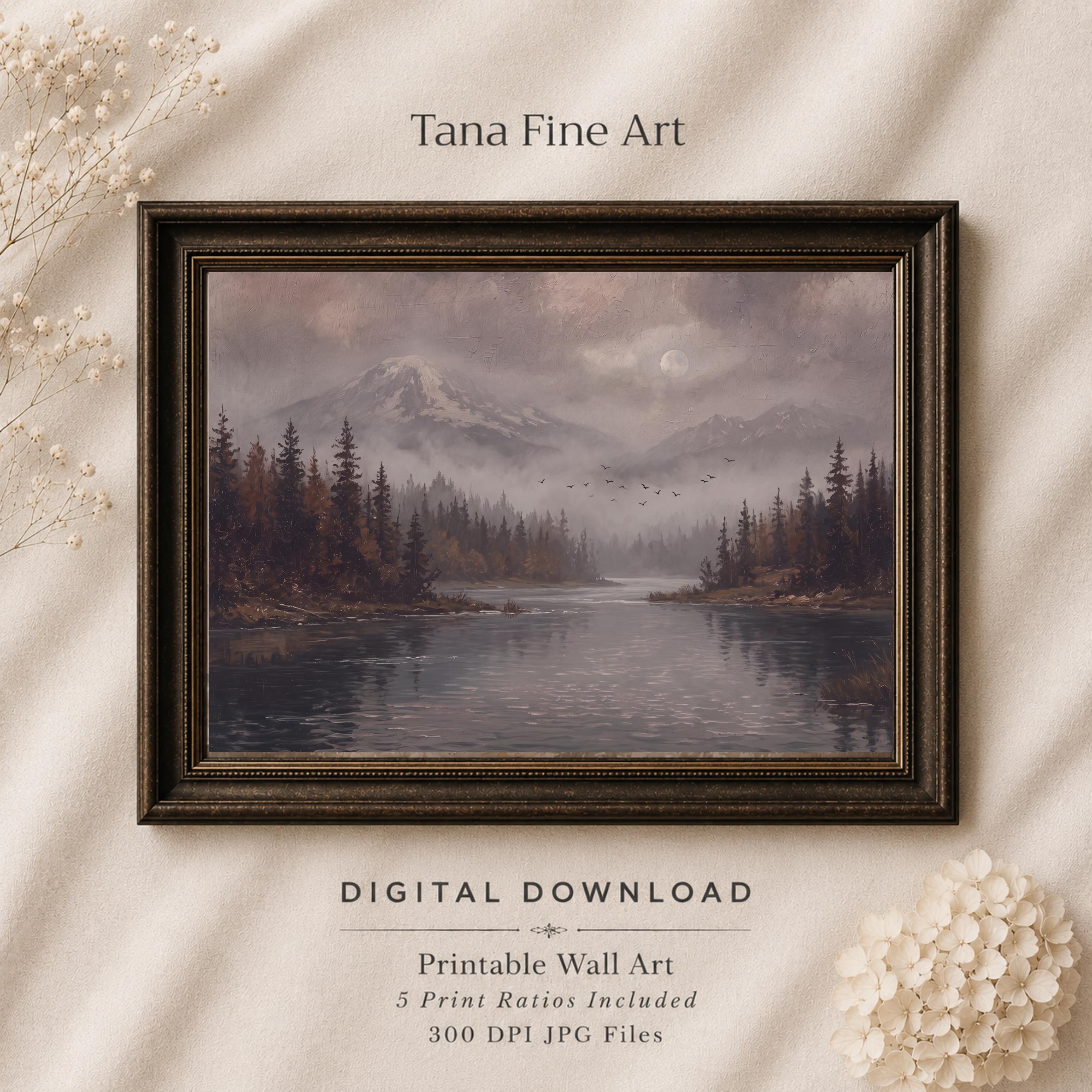 Moody Autumn River Printable Wall Art, Vintage Mountain Forest Landscape, Dark Academia Digital Download