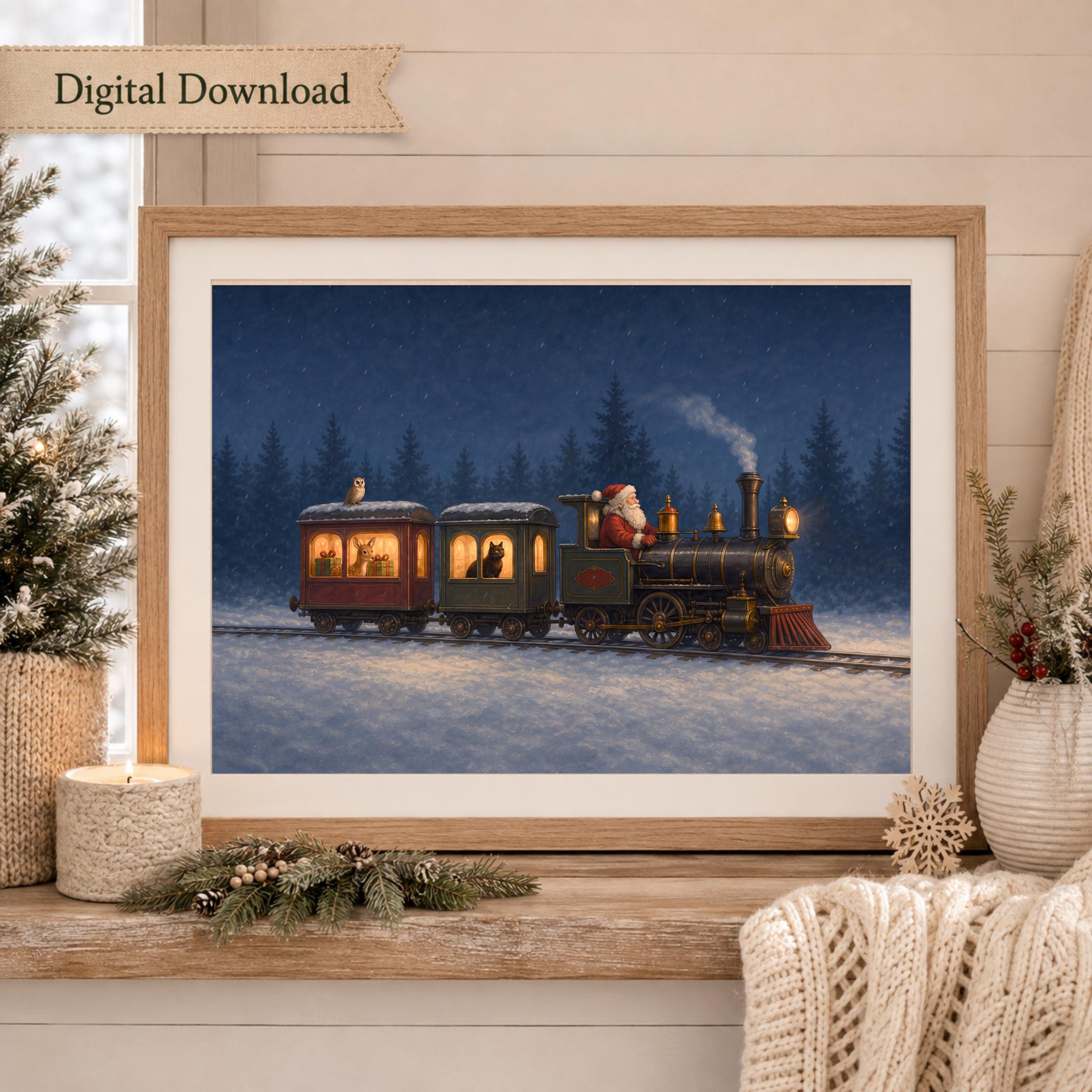 Vintage Santa Christmas Train Printable Wall Art, Snowy Woodland Digital Download — image 6