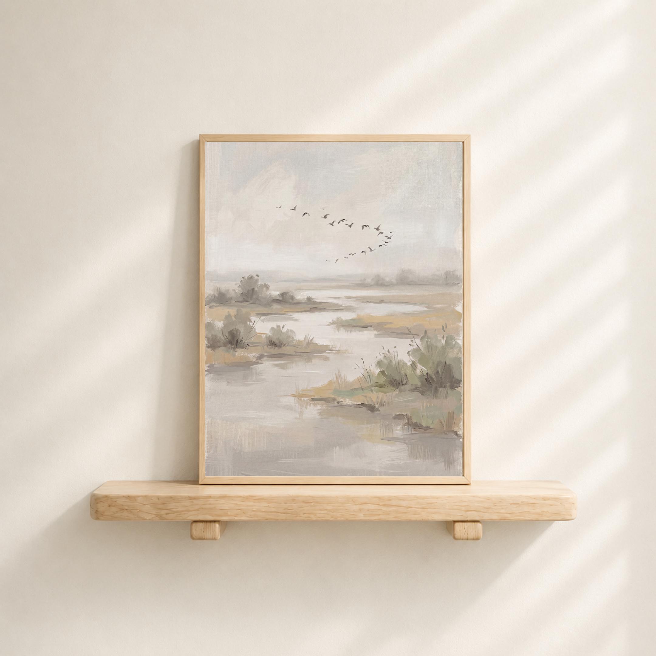 Countryside Lake Painting Printable | Flying Birds Marsh Landscape Print (Digital Download) — image 3