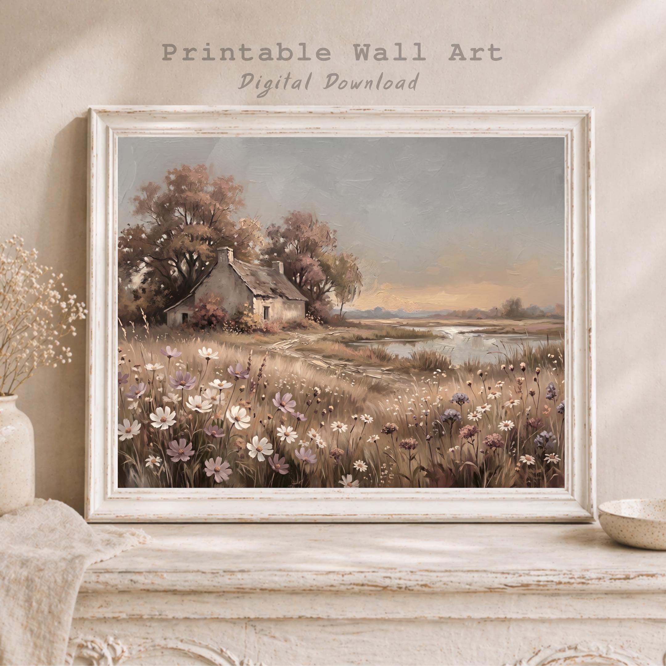 Autumn Cottage Landscape Printable Wall Art, Neutral Wildflower Meadow Rustic Home Decor Digital Download — image 7