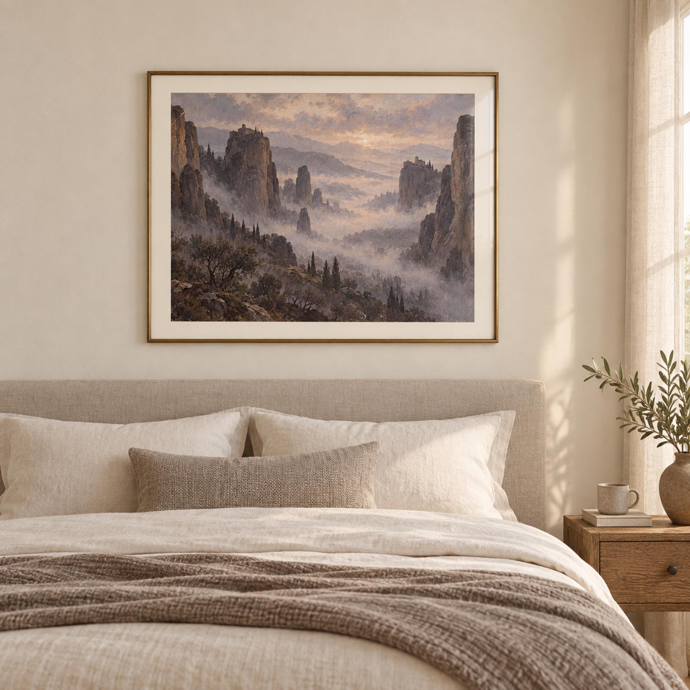 Vintage Misty Mountain Wall Art, Cliffside Monastery Landscape, Ethereal Valley, Rustic Mediterranean Digital Download — image 5