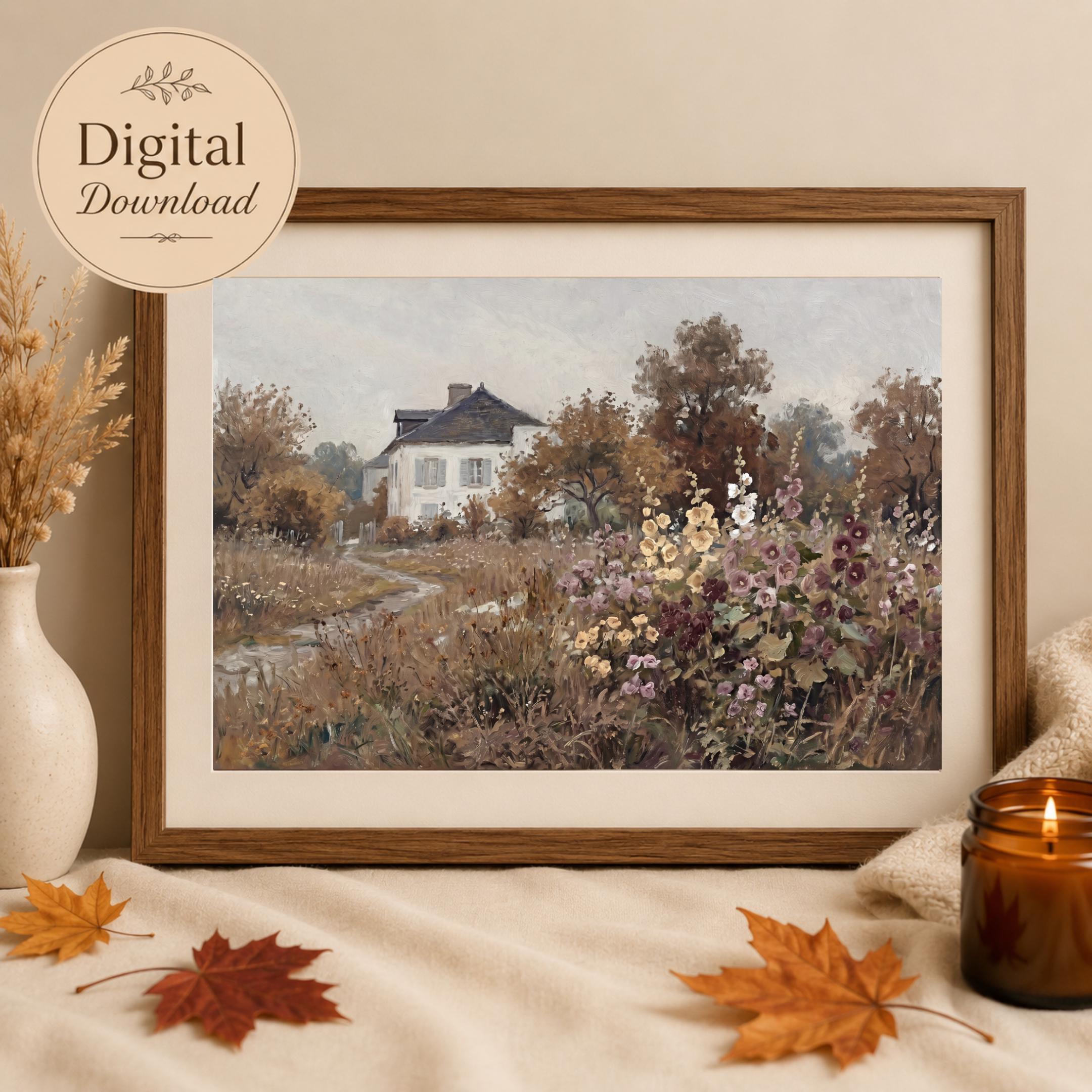 Vintage Fall Cottage Garden Wall Art, Moody Autumn, Garden path Painting (Digital Download)